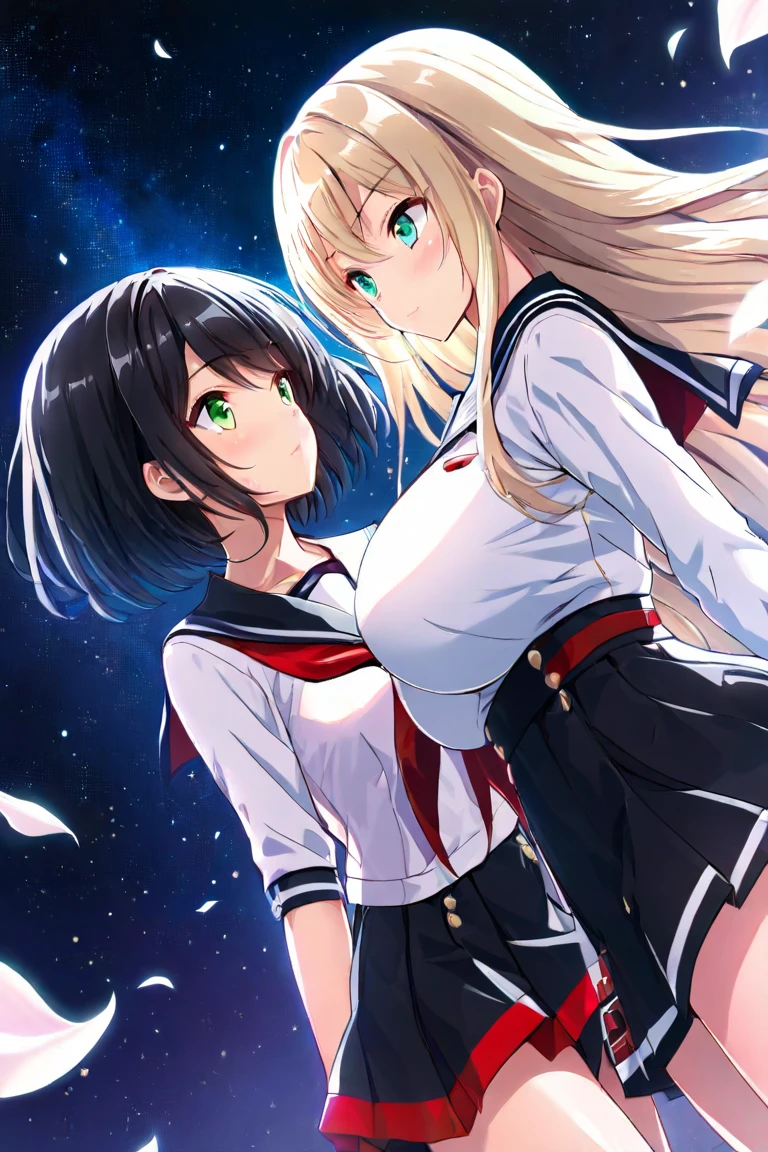  2 girls fighting back、 staring at each other、Deep Kiss、頬redらめ、 long hair、 blond hair、Big Breasts、 green eyes、 Dutch Angle、 green eyes、 black hair、Aqua Eyes、 small tits、Short Hair、lily、 Under the Starry Sky、 hold hands 、 sailor suit（ pale pink） miniskirt（red）