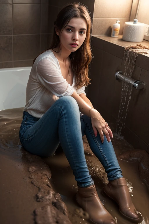 (A woman covered in mud:1.2), Woman in a bathtub, Bathroom, Jeans, Blouse, Sitting at the bottom of the bathtub, Sinking in the bath, Amidst the bathtub, Thick mud in the bath, (best quality,4k,8k,highres,masterpiece:1.2), Ultra-detailed, (realistic,photorealistic,photo-realistic:1.37), Portraits, Dark and moody color palette, Subtle, soft lighting