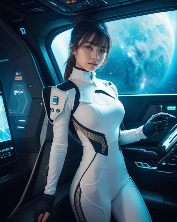 a sexy woman in a space suit sitting in a space station, gigantic breasts, beautiful woman in spacesuit, in a scifi movie, sci - fi pilot, scifi woman, sci-fi female, clothed in sci-fi military armor, on a spaceship, powerful woman sitting in space, fully space suited, in a spaceship, in spacesuit, sci - fi suit, futuristic starship crew member