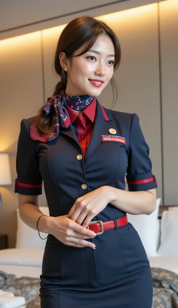 a closeup portrait of a playful stewardess, ((red suite,white compression v-neck shirt,red tight skirt)), amazing body, pronounced feminine feature, busty, kitchen, [ash blonde | ginger | pink hair], freckles, flirting with camera
 <lora:Airasia Uniform SD15:0.8> <lora:breastinclassBetter_v13:0.2>