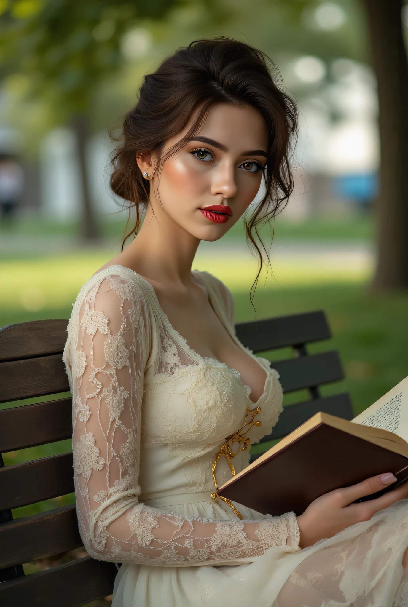 Realistic ((Photorealistic realism)), Hyper high resolution, ((Hyper insanel quality, epice masterciece, intricately detailed digital art)),((focus on extremely Realistic Proportion Body:1.3),"Portrait of {a woman, wearing a dress, sits on a park bench, reading a book}."(ultra realistic texture details: velvety skin, hair), ((sharp focus, no blurry eyes, Hyper absurd quality, Hyper details, Hyper realistic brown_eyes:1.4)),((extra narrow eyebrows)),(Carefully draw Long blue_mascara:1.12),(perfect round eyes), (finely detailed pupils, (extremely fine details pupils)), detailed lips:1.3, (apply glossy red_lipstick:1.23), (perfect proportions:1.2), ((White tight Dress made of lace fishnet:1.22), (Dolce & Gabbana, Floral style:1.23)), (elegant fashion, intricate details:1.2), ((clothes made of silk and flower), (Wearing tight fitting dresses)), ((Ruffled Black Gothic Skirt) (Intricately details multi-layer, lace with fishnets:1.25), (golden lace-up:1.33)), dslr, high quality split lighting, sharp focus captured by Fujifilm XT3, f 5.6,(perfect composition),((look at the viewer)), HDR, UHD, studio lighting, physically-based rendering, vivid colors,