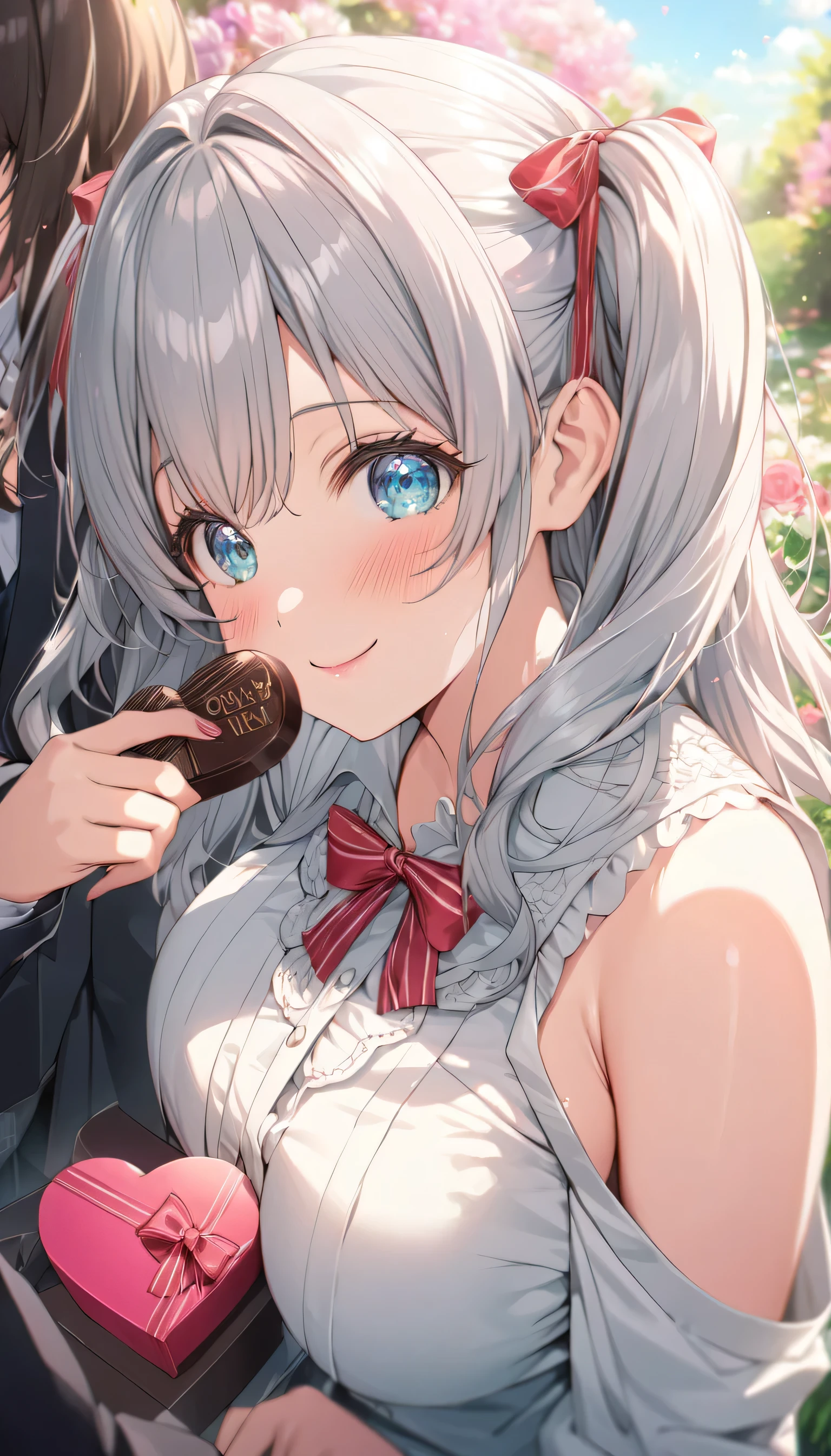 ((ultra-detailed)), (highly detailed CG illustration), (best quality:1.2), ultra-highly detailed, colorful composition, artistic photoshoot, 1girl, solo focus, ((upper body:1.4)), moe anime character,  girl, dainty facial structure, (bab(round face), ((rounded chin:1.2)), ((ideal ratio body proportions)), celia-default, celia claire, (blue eyes), sparkle eyes, silver hair color, two side up, ((hair ribbon with red), (deep royal blue and white strips hair ribbon), ample breasts, school uniform, black blazer, modern style with fitted jacket,  red neck bow, long sleeves white  shirt, black pleated skirt, and black high socks, ((look of anticipation)), ((shy:1.4)), ((blush:1.4)), ((bashful:1.4)), ((excited)), ((full-face blush:1.4)), ample breasts, ((giving Valentine's chocolate)), ((chocolates in a heart box)), petals glowing and fluttering, standing by the victorian garden with flowers, beautiful detailed sky, dynamic pose, looking at viewer, best quality, masterpiece, looking up, expecting, pink cheek, blush, light pink gloss slip, portrait, depth of field, soft lighting, sidelighting, (shine), lighting, caustics, ray tracing, smile, perfect face, lustrous skin, highly detailed face, highly detailed eyes, perfect face, perfect nose, perfect hair, perfect eyes, perfect anatomy, beautiful hair, beautiful small face, extremely detailed face, beautiful detailed eyes, beautiful clavicle, beautiful body, beautiful huge breasts, leavage, breasts squeezed together, equalize the size of the left and right breasts, beautiful fingers, 4 fingers, 1 thumb, lovely, (very detailed background:1.0), (highly detailed background:1.0), spring aesthetic, intricate details, love atmosphere, spring colors palette, chromatic aberration