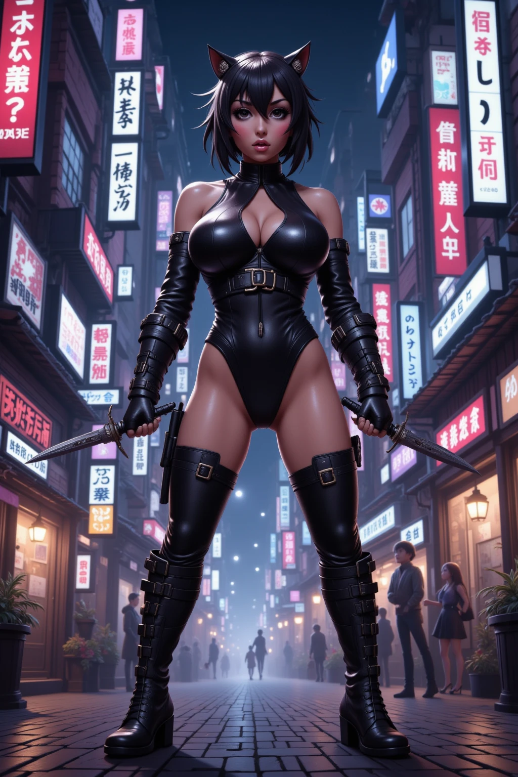 a 3d pixar animation style picture of Vampirella standing in the street at night, Vampirella (masterpiece, extremely detailed, best quality), standing in an urban street at night  exquisite Vampirella (masterpiece, extremely detailed, best quality), armed with a sword, ready for battle, urban street background, lamp lights, moon light, detailed background (masterpiece, extremely detailed, best quality), best realistic, best details, best quality, 16k, [ultra detailed], masterpiece, best quality, (extremely detailed), ultra wide shot, photorealism, room is lit with bright light, depth of field, 3D animation rendering,