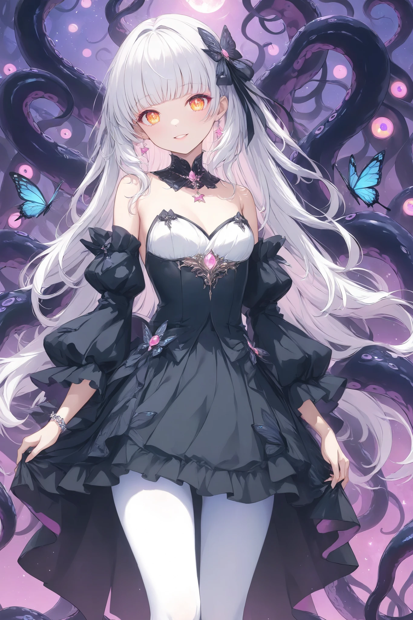 ultra-high resolution ,wallpaper, art book style ,Star, Butterfly,change, white hair , Full Bangs, orange eyes,Pink Eyeshadow, Glowing Eyes, small boobs, white pantyhose, Height 1 meter 4 ,black palace dress,Fashion changes ,stocking, charming smile,gaze, stands,Head tilt, long hair,A monster with many eyes and tentacles, height detail, cinematic lighting, surreal atmosphere , bright color , 8k resolution