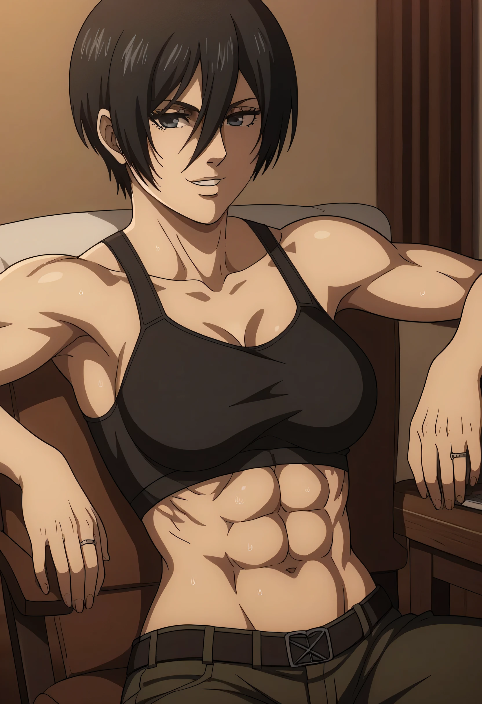 score_9, score_8_up, score_7_up, BREAK source_anime, mikasa ackrman, grey eyes, black hair, short hair, medium breasts,Mikasa wreanig black tight sport  Elastic  fiber  bra and black loose military trousers,mikasa with good looking body,perfect lighting,mikasa final season design,mikasa mappa version,sitting on  chair, Perfect generation,mikasa boy hairstyle,mikasa season 4 version,attack on titan graphics,in night,HD wallpaper,perfect colors,pixie cut hairstyle,fighting face,,Sweat body,mikasa flat stomach,mikasa only six-pack,normal body size,anime style,tone six-pack,attack on titan season 4 style,upper body,close review to character,bra design  as tank top, mikasa handsome face,in bedroom,light trun off in room,mikasa alone in room,solo,1girl, serratus anterior muscles,Qblique muscles,female navel,teeth appear at smile,too white skin,fixing graphics,mikasa perfect face,ring in mikasa finger 