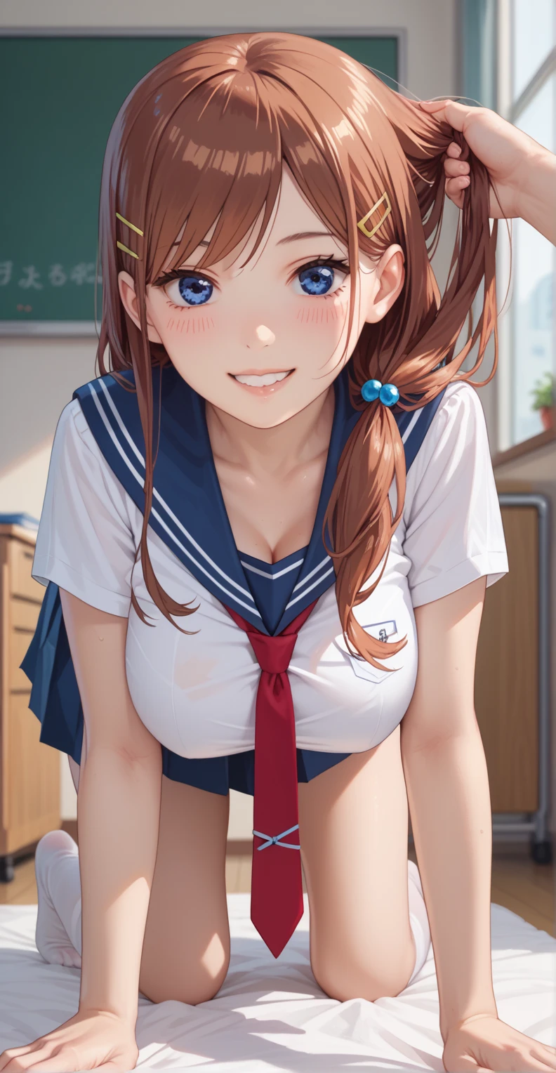 (masterpiece:1.2, highest quality), (realistic, photorealistic:1.4), beautiful illustrations, (natural side lighting, movie lighting),((NSFW, topless:1.8,full nude:1.7)),looking at the viewer, 1 girl, Japanese, high school girl, perfect face, Cute symmetrical face, shiny skin, smile,
(long hair, small (A single pigtail tied with a blue ribbon), light brown hair), hair between eyes, blue eyes, long eyelash, (medium breasts), thin, beautiful hair, beautiful face, detailed and beautiful eyes, beautiful clavicle, beautiful body, beautiful breasts, beautiful thighs, beautiful feet, beautiful fingers,
(YurigaokaUniform),
(beautiful scenery), morning, (classroom), Are standing, (かわいらしいsmile, upper eye, parted lips),