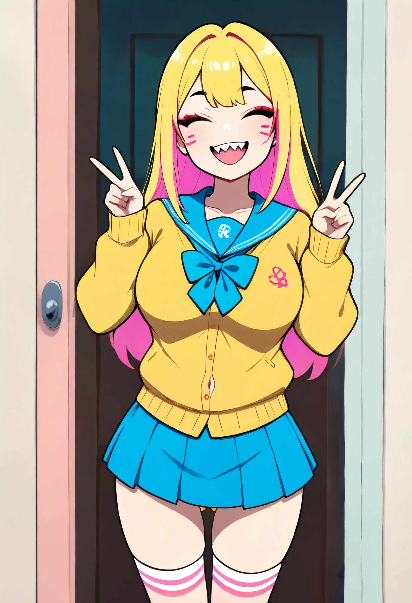 high quality, Masterpiece, detailed depiction of up to the front door,Perfect in every detail,8k,flat art, animated illustration ,Alone, girl, high school student, sailor suit,Ribbon tie, yellow cardigan, long socks,( Too Short Miniskirt :1.5),pink and yellow striped panties, Panchira, short pleated skirt ,Slightly visible underwear, high qualityパンティ,Toothy smile, double teeth, peace sign, gal,Flashy hair color, eyeliner, mascara,Glittering Cheek , have a smartphone with lots of accessories, peace sign, modest breasts,Belly button, Sendance,Crotch split