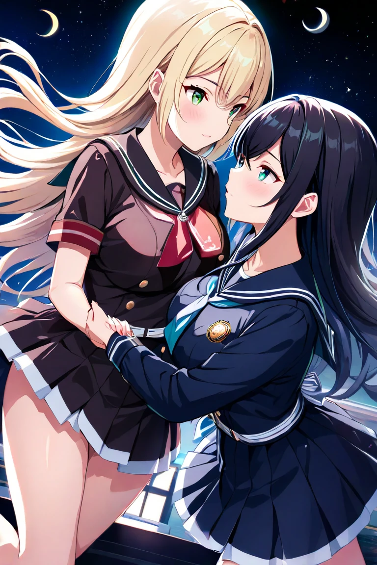 2 girls fighting back、 staring at each other、Deep Kiss、頬redらめ、 long hair、 blond hair、Big Breasts、 green eyes、 high angle、 green eyes、 black hair、Aqua Eyes、 small tits、Short Hair、lily、 Under the Starry Sky、 hold hands 、 sailor suit( pale pink) miniskirt(red)、Reaching for the Moon 、Moonlit Night