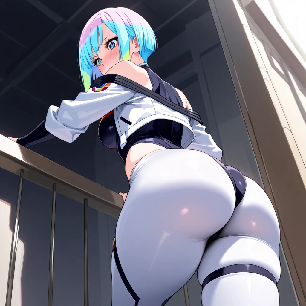 rei ayanami, ((blue hair, short hair, glowing red eyes, makeup, narrow waist, skinny, medium breasts)), pelvic curtain, ((lucy kushinada bodysuit, cyberpunk:edgerunners)), full body, perfect body, (insanely detailed, beautiful detailed face, masterpiece, best quality) , (((solo))), (((1girl))), (((mature))), (extremely detailed 8k paper CG wall unit: 1.1), (school, night), (Frown face for the viewer), underbutt, from behind, back