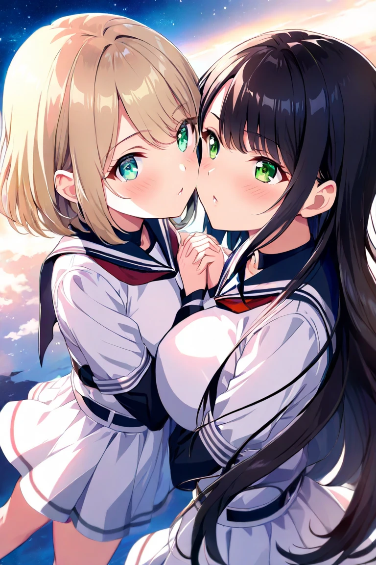 2 girls fighting back、 staring at each other、Deep Kiss、頬redらめ、 long hair、 blond hair、Big Breasts、 green eyes、 high angle、 green eyes、 black hair、Aqua Eyes、 small tits、Short Hair、lily、 Under the Starry Sky、 hold hands 、 sailor suit( pale pink) miniskirt(red)、 Reach for the Sky