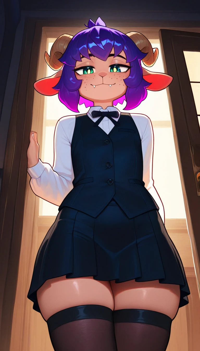 femboy, black and purple hair, top hat, fluffy hair, medium length hair, purple eyes, happy, in room, suit, cat ears, messy hair, nighttime, bulge, top hat, fiery eyes, short, embarrassed, small ponytail, long hair