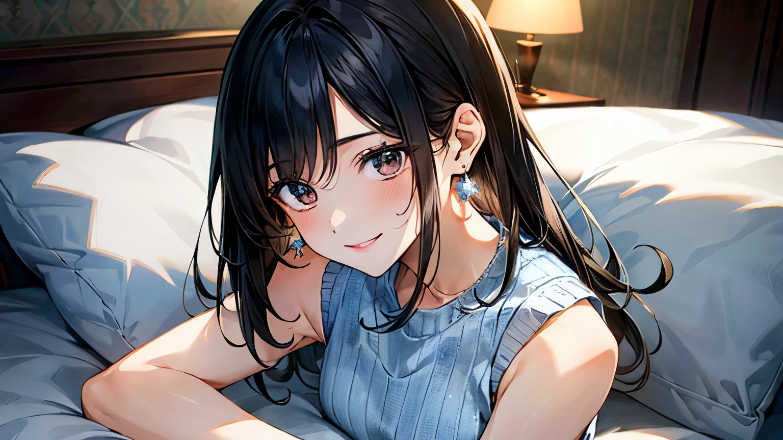 Woman, cute, adorable, smiling, straight hair, long hair, black hair, morning, sunny, looking at the camera, bedroom, sunlight, tank top pajamas, lying on bed,
on stomach,
on belly,
(put stomach on bed:1.3), (resting chin:1.3) on both hands:1.3