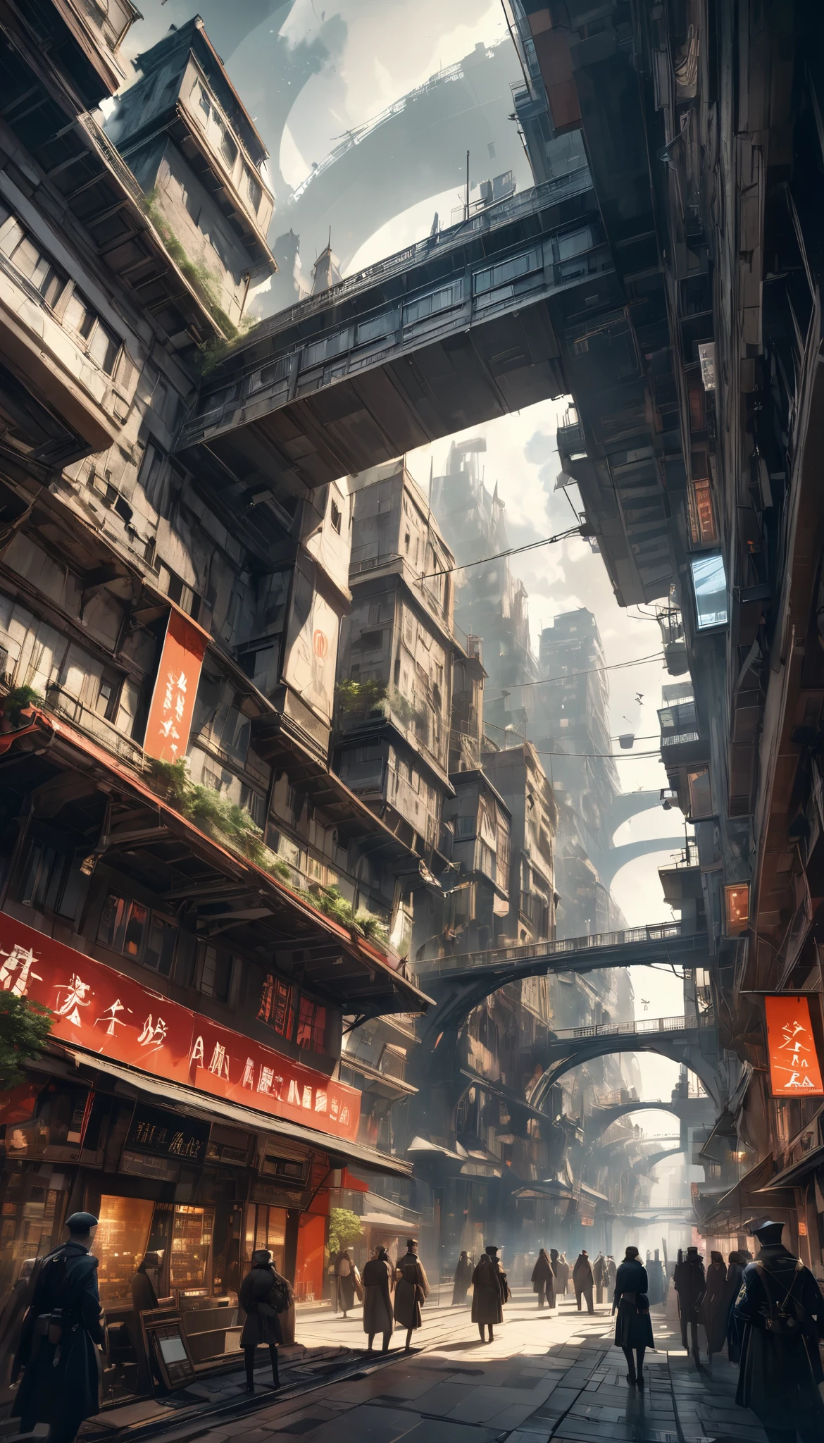 Multiple Exposure, Stopped Time , Create absurd scenes by layering multiple backgrounds, a: Faded Memories of World Wars , b: Modern Architectural Design and Reconstruction , c: Future Cyber Cities , a, c, bの順に透過性レイヤーを重ねたMultiple Exposure表現, Paradoxes that transcend time and space , Please describe faded memories of the Middle Ages with the theme of the past