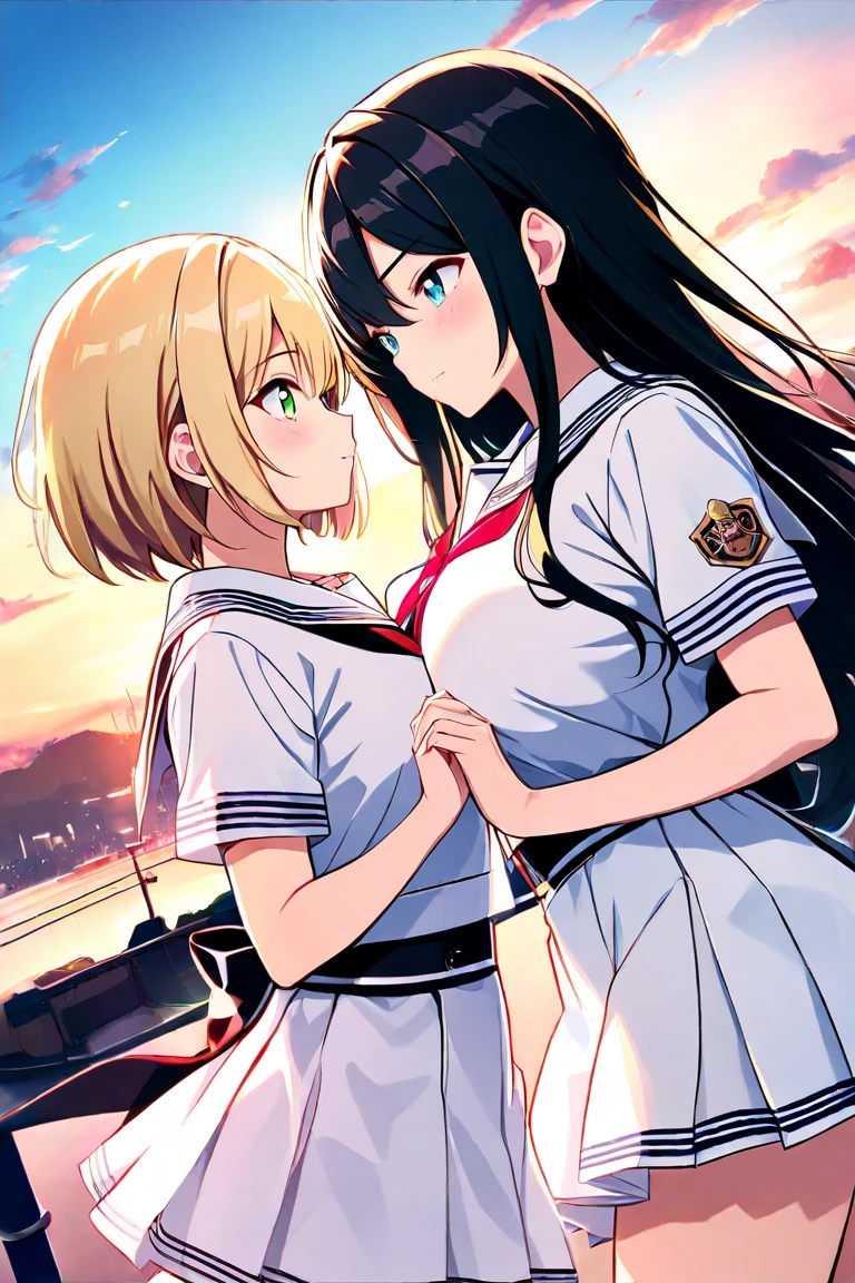 2 girls fighting back、 staring at each other、Deep Kiss、頬redらめ、( long hair、 blond hair、Big Breasts、 green eyes)、 high angle、( black hair、Aqua Eyes、 small tits、Short Hair、)lily、 sunset sky、 hold hands 、 sailor suit( pale pink)、 miniskirt(red)、 tranquil atmosphere