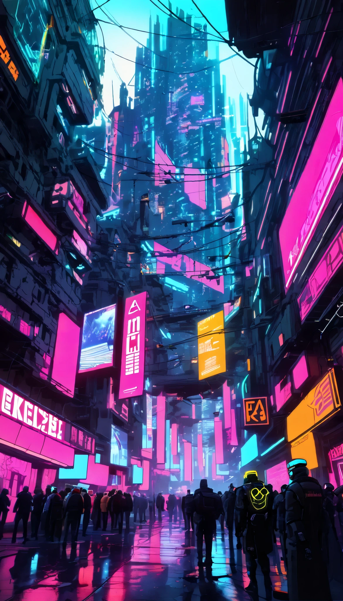 Multiple Exposure, Stopped Time ,  Create absurd scenes by layering multiple backgrounds, a: Faded Memories of World Wars , b: Modern Architectural Design and Reconstruction , c: Future Cyber Cities , a, c, bの順に透過性レイヤーを重ねたMultiple Exposure表現,  Paradoxes that transcend time and space , (Please describe the cyberpunk world colored in fluorescent colors with the theme of the future:1.6)