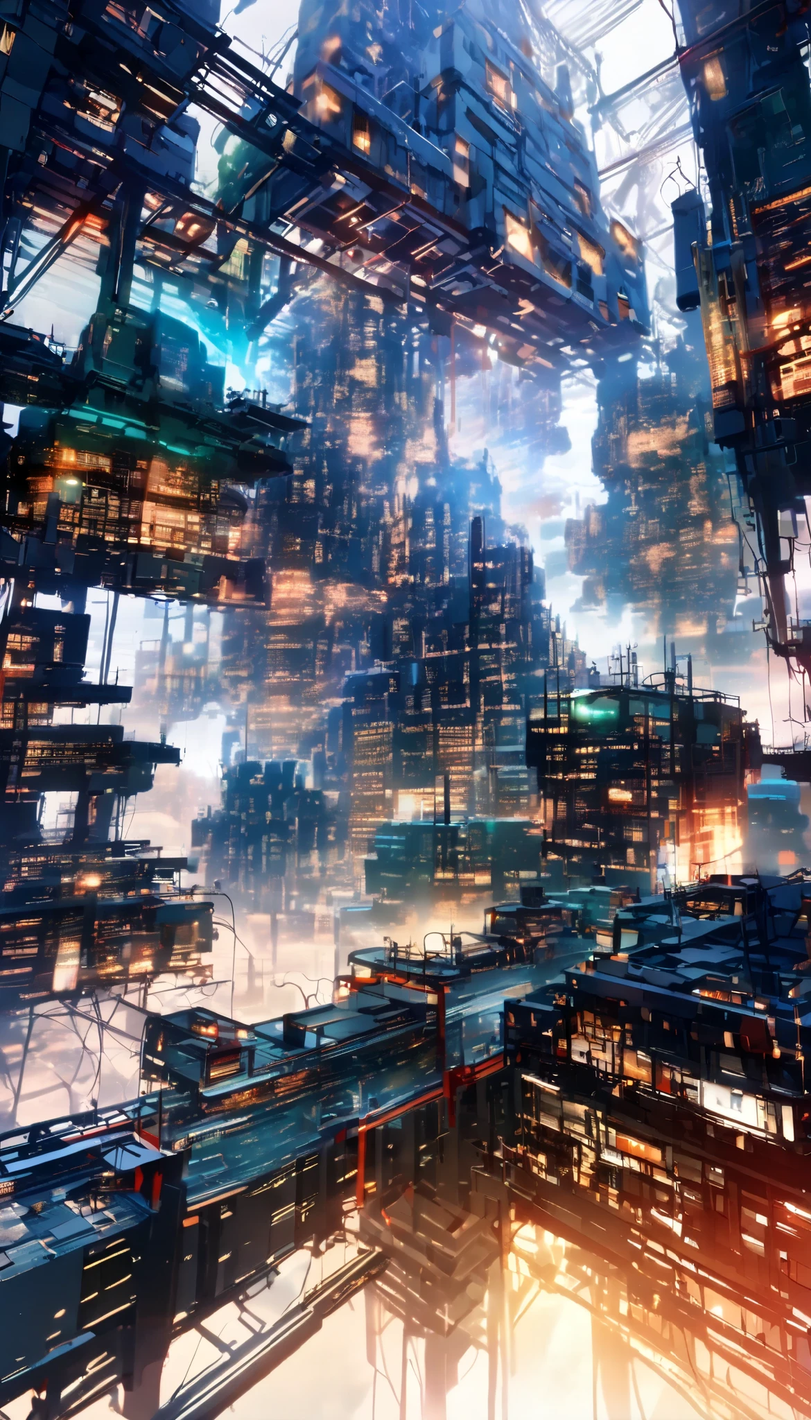 Multiple Exposure, Stopped Time , Create absurd scenes by layering multiple backgrounds, a: Faded Memories of World Wars , b: Modern Architectural Design and Reconstruction , c: Future Cyber Cities , a, c, bの順に透過性レイヤーを重ねたMultiple Exposure表現, Paradoxes that transcend time and space , (Please describe the world where network technology has developed with the theme of the future:1.6)