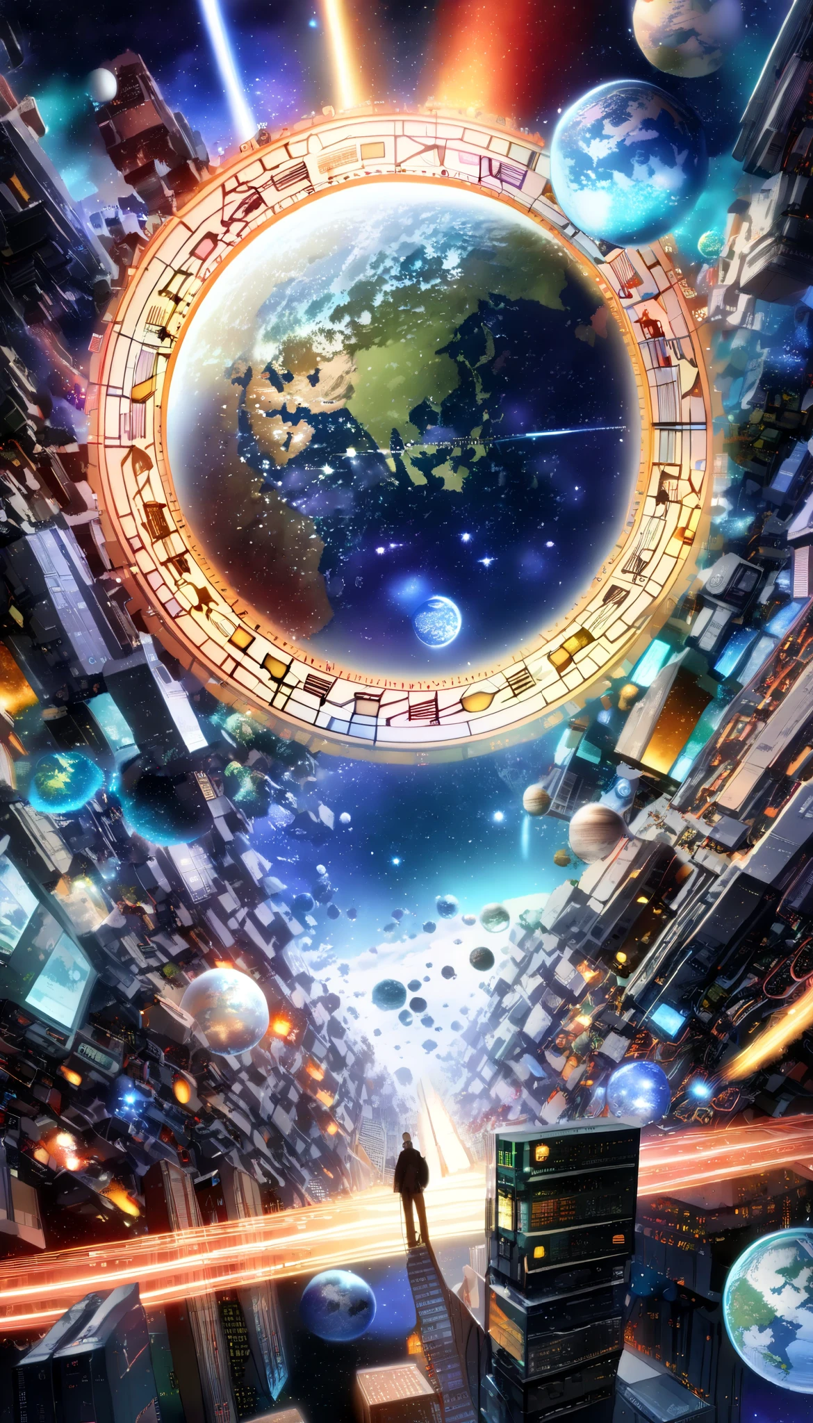 Multiple Exposure, Stopped Time , A world where all eras are in balance , Create absurd scenes by layering multiple backgrounds, a: Faded Memories of World Wars , b: Modern Architectural Design and Reconstruction , c: Future Cyber Cities , a, c, bの順に透過性レイヤーを重ねたMultiple Exposure表現, Paradoxes that transcend time and space , ( Please describe the developed world of network technology that transcends time and space:1.6, objects asserting multiple eras are accurately expressed :1.8)