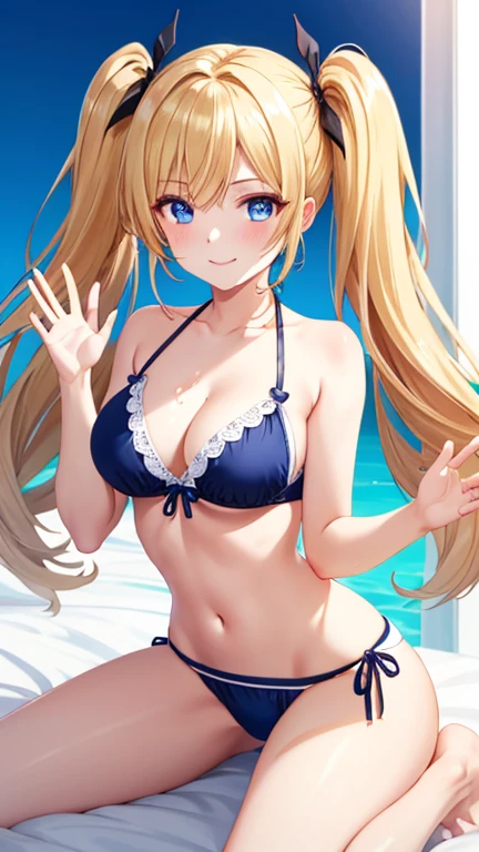 NSFW,(Showing off her nipples)),裸の男の上に乗っている,ahegao,Drooling,((gangbang,3boys)),Highest quality,Masterpiece,RumiaTingel,blonde hair, blue eyes, medium hair, green ribbon, x hair ornament,RumiaBikini, blue bikini, striped bikini, front-tie top, side-tie bikini bottom, bracelet,Seaside
