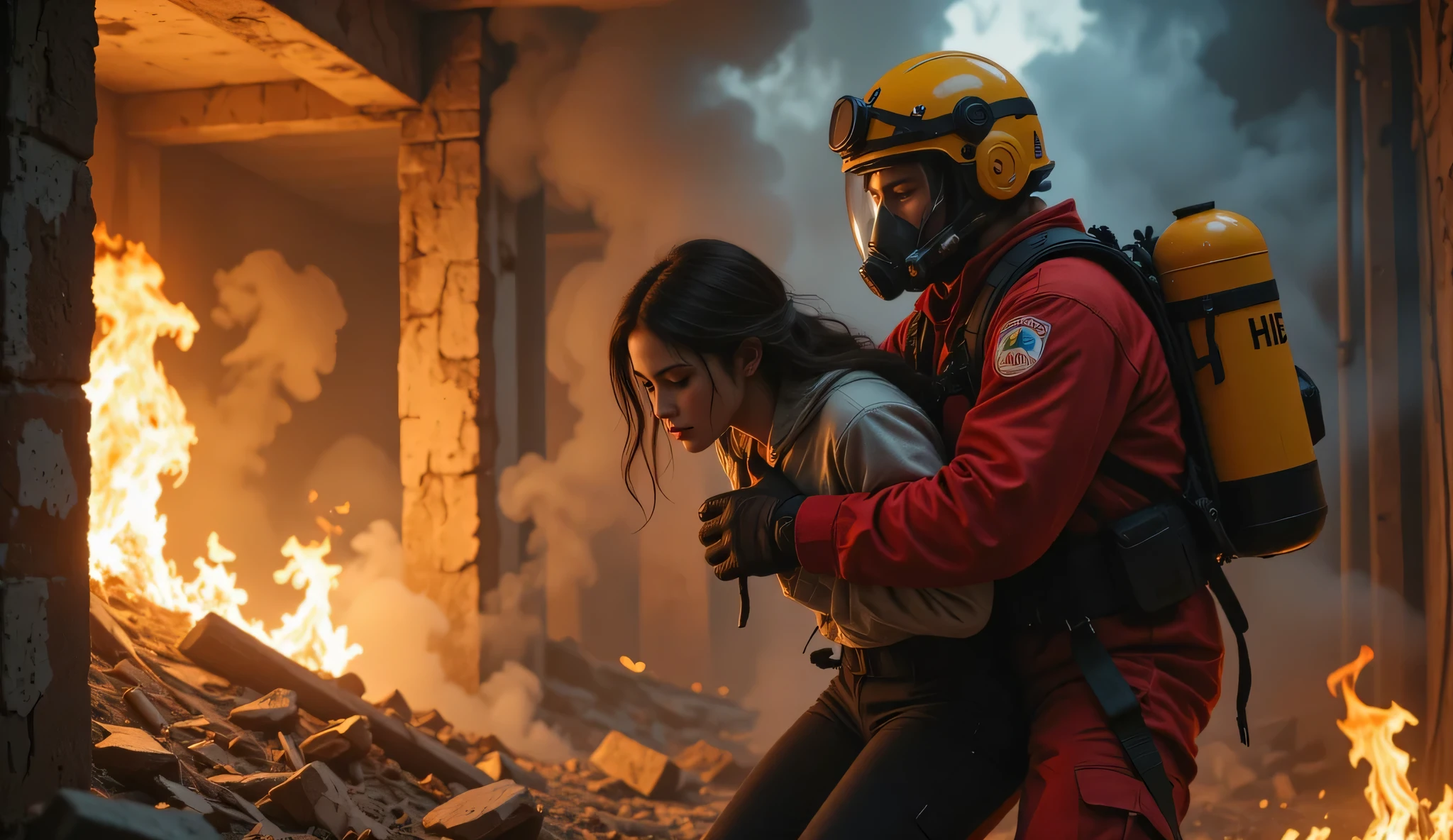 Let's have an ultra-realistic style moment in which a man in protective gear saves a girl from a smoky room with an oxygen mask, the room is engulfed in fire and smoke. People should look Slavic