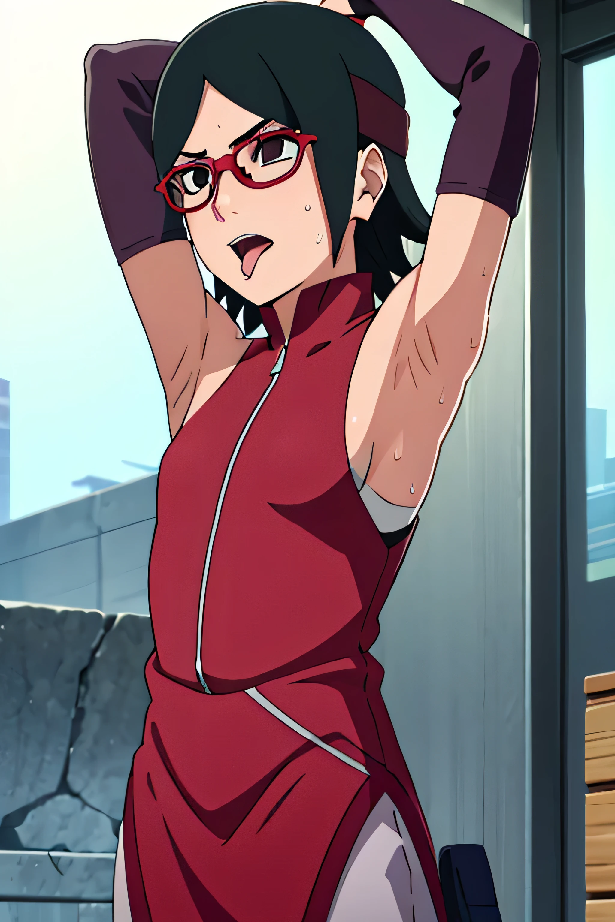 Sarada Uchiha,human woman with fair skin. She is a r with black eyes and red clothing. Her hair is black in color; She is beautiful.Wearing red rimmed glasses.Tsundere face. Pink eye shading,mature appearance,armpits,sweat,sweaty,sweaty armpits,arms up,showing armpits,awesome armpits,outfit,blackish red arm warmers,maroon arm bands,maroon arm warmers,showing tongue,tongue out