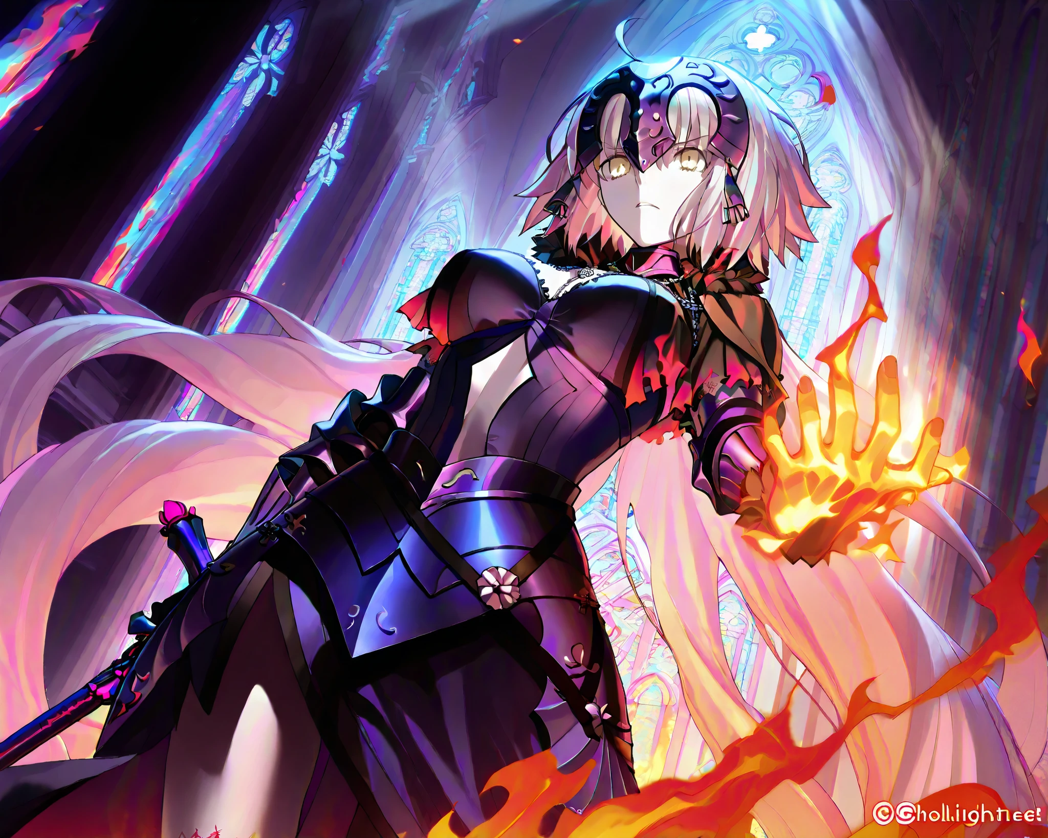 {{{{{jeanne d'arc alter (fate), fate/grand order}}}}}, masterpiece, best quality, ultra-detailed, extremely detailed, beautiful, extremely detailed CG 8k wallpaper, ultra detailed background, bloom effect, holylight, light rays, strong light coming in, deep shadows, church background, dynamic angle,The interior of a burning church, with flames spreading across the walls and ceiling, and light and shadows flickering, midnight, {{reaching out,flaming hand}}, {blazing inferno}, ethereal glow, {{{necklace made of swirling flames}}}, glowing brightly with an intense and fiery light, Creating a powerful yet elegant atmosphere