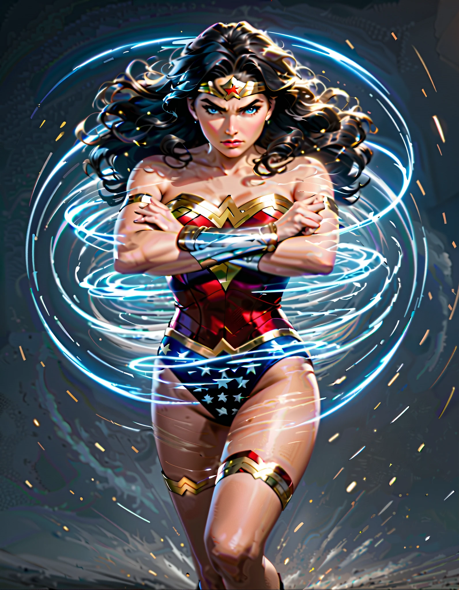 (masterpiece), (best quality), (highres), 1girl, solo, highly detailed, bare legs, matching shoes, looking at viewer, perfect hands, perfect eyes, perfect legs, perfect arms, perfect fingers, Diana, long hair, tiara, blue eyes, leotard, star (symbol), boots, bracers, black hair, wonder woman, serious expression, (full body with costume:1.2), fixed hands. (fast spin, dynamic whirl pose, spins fast in place like a tornado, whirls fast in place like a tornado, tornado whirling, spiral lines around her, speed lines around her, spinning blue energy pulses around her, storm winds around her, whirls into a tornado, (she whirls) at (super speeds)). full body costume design. curved sword slash. (she super-spins), (whirlwind), light particles. (crossed arms). time travel.