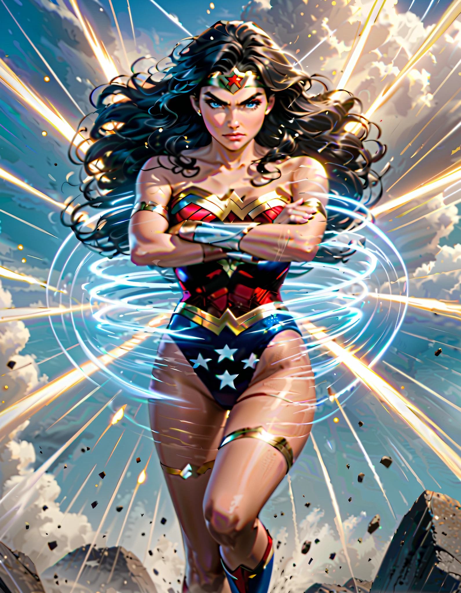 (masterpiece), (best quality), (highres), 1girl, solo, highly detailed, bare legs, matching shoes, looking at viewer, perfect hands, perfect eyes, perfect legs, perfect arms, perfect fingers, Diana, long hair, tiara, blue eyes, leotard, star (symbol), boots, bracers, black hair, wonder woman, serious expression, (full body with costume:1.2), fixed hands. (fast spin, dynamic whirl pose, spins fast in place like a tornado, whirls fast in place like a tornado, tornado whirling, spiral lines around her, speed lines around her, spinning blue energy pulses around her, storm winds around her, whirls into a tornado, (she whirls) at (super speeds)). full body costume design. curved sword slash. (she super-spins), (whirlwind), light particles. (crossed arms). time travel.