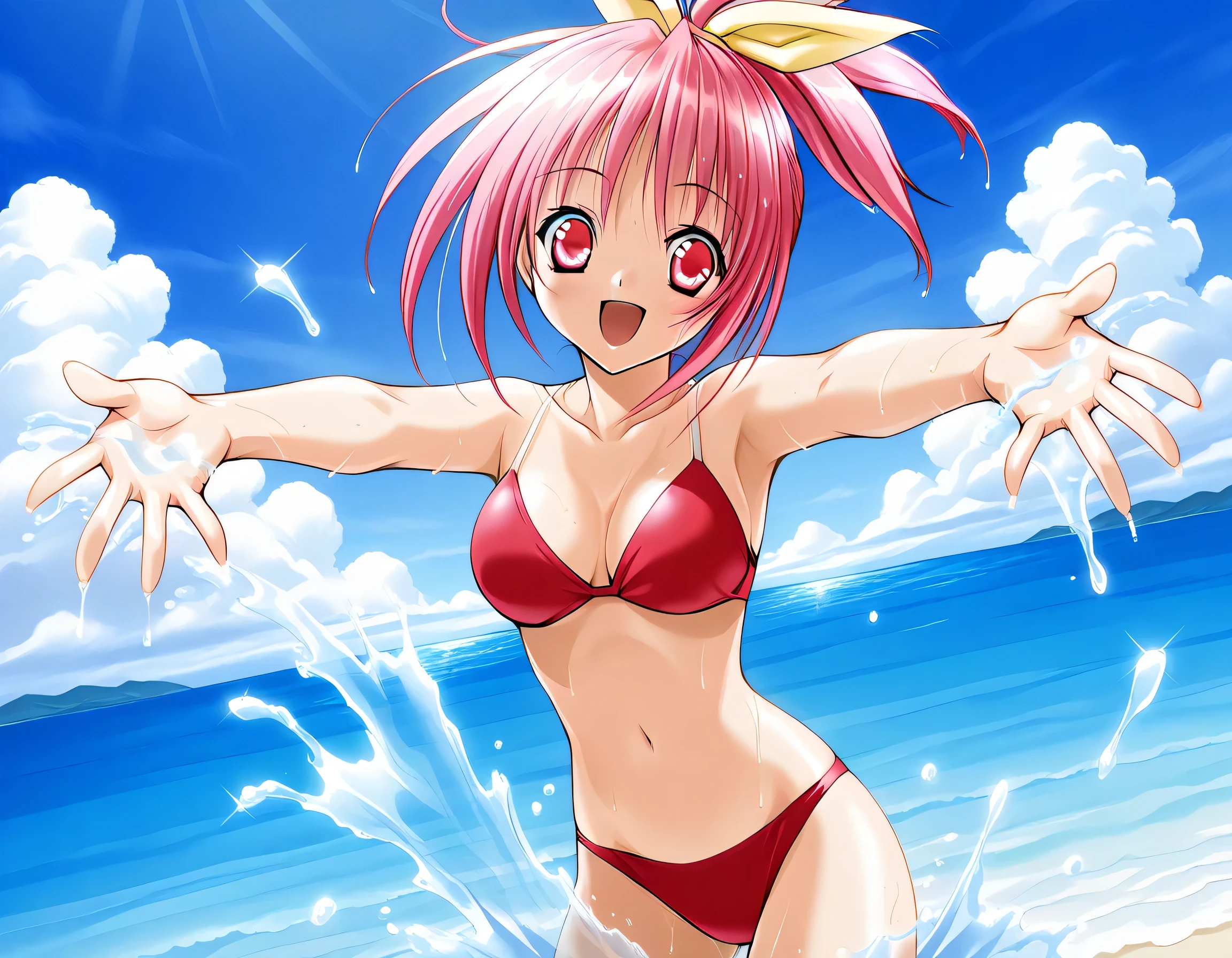 masterpiece, best quality, official art, amazing quality, ultra highres, very aesthetic, highly detailed,
1girl ,Serina, shiny eyes, beautiful detailed eyes, BREAK
red bikini,smile,(wet),splash of water,
happy,Stretch your hands out in front of you,
standing,seaside,cowboy shot, highly detailed,nsfw,