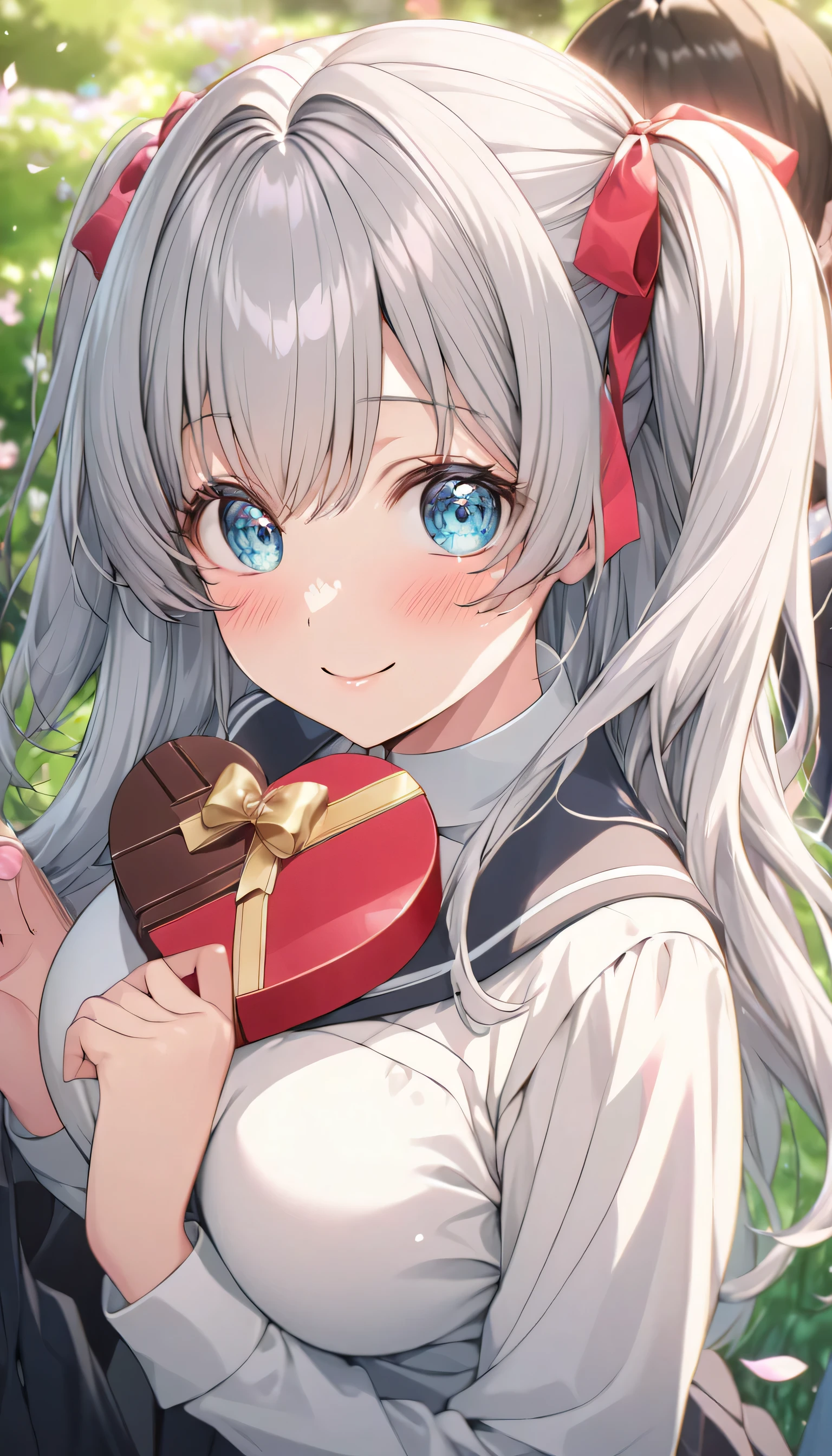 ((ultra-detailed)), (highly detailed CG illustration), (best quality:1.2), ultra-highly detailed, colorful composition, artistic photoshoot, 1girl, solo focus, ((upper body:1.4)), moe anime character, age girl, dainty facial structure, (baby face), (round face), ((rounded chin:1.2)), ((ideal ratio body proportions)), celia-default, celia claire, (blue eyes), sparkle eyes, silver hair color, two side up, ((hair ribbon with red), (deep royal blue and white strips hair ribbon), ample breasts, school uniform, black blazer, modern style with fitted jacket, red neck bow, long sleeves white shirt, black pleated skirt, and black high socks, ((look of anticipation)), ((shy:1.4)), ((blush:1.4)), ((bashful:1.4)), ((excited)), ((full-face blush:1.4)), ample breasts, ((giving Valentine's chocolate)), ((chocolates in a heart box)), petals glowing and fluttering, standing by the victorian garden with flowers, beautiful detailed sky, dynamic pose, looking at viewer, best quality, masterpiece, looking up, expecting, pink cheek, blush, light pink gloss slip, portrait, depth of field, soft lighting, sidelighting, (shine), lighting, caustics, ray tracing, smile, perfect face, lustrous skin, highly detailed face, highly detailed eyes, perfect face, perfect nose, perfect hair, perfect eyes, perfect anatomy, beautiful hair, beautiful small face, extremely detailed face, beautiful detailed eyes, beautiful clavicle, beautiful body, beautiful huge breasts, leavage, breasts squeezed together, equalize the size of the left and right breasts, beautiful fingers, 4 fingers, 1 thumb, lovely, (very detailed background:1.0), (highly detailed background:1.0), spring aesthetic, intricate details, love atmosphere, spring colors palette, chromatic aberration