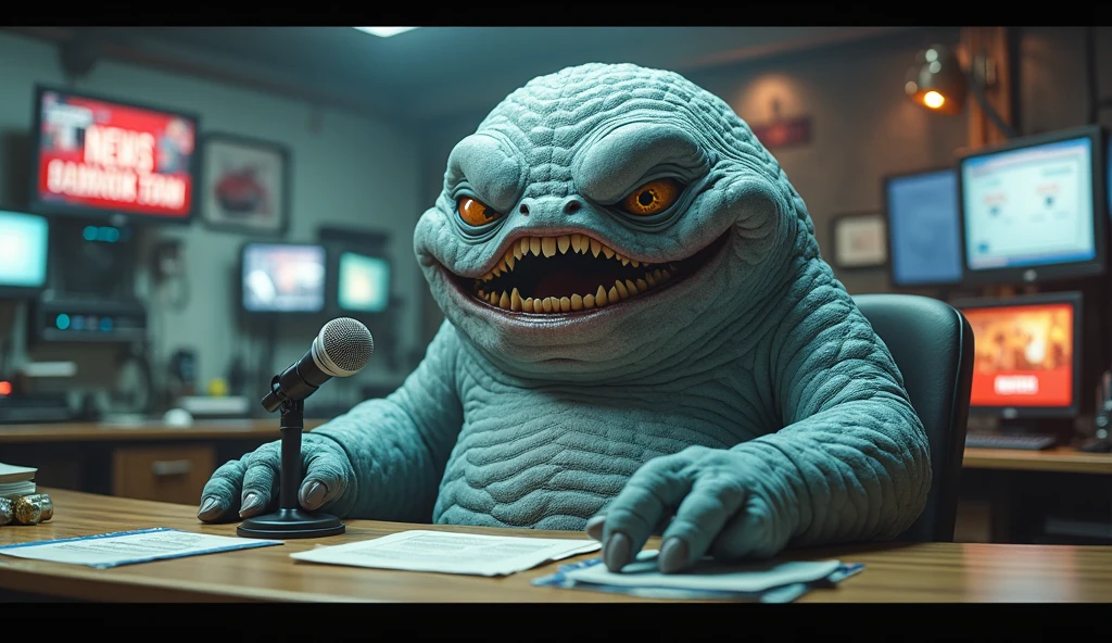 A cinematic and surreal scene where a giant grey, blueish blob serves as the news anchor. The monster, with a wide toothy grin, sits at the news desk, holding a microphone and speaking into it. The background reveals a chaotic newsroom with various monitors displaying breaking news. The overall atmosphere is a mix of retro and modern, with a touch of horror and comedy. The monster's eyes have a human-like expression, and his body seems to be made of newspaper-like scales., cinematic