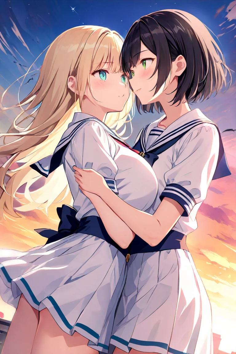 2 girls fighting back、 staring at each other、Deep Kiss、頬redらめ、( long hair、 blond hair、Big Breasts、 green eyes)、 high angle、( black hair、Aqua Eyes、 small tits、Short Hair、)lily、 sunset sky、 hold hands 、 sailor suit( pale pink)、 miniskirt(red)、 Dutch Angle、Put your hand on your partner's cheek