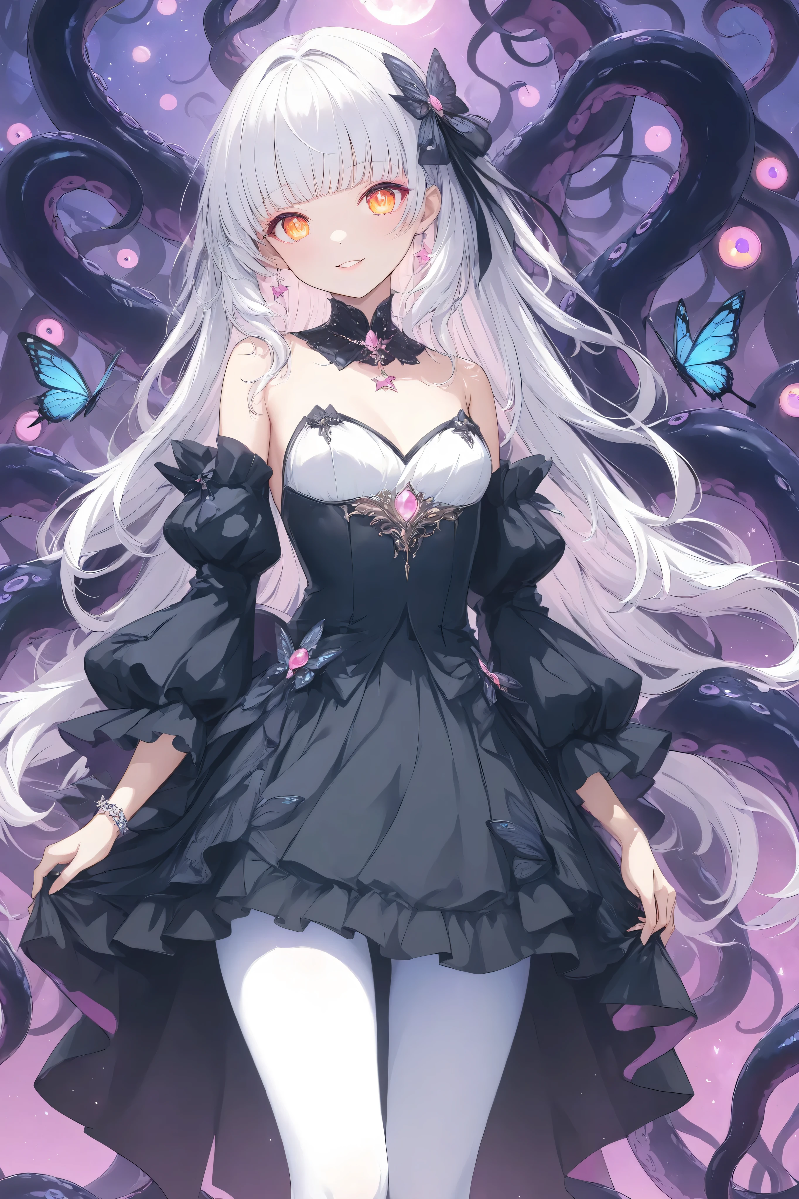 ultra-high resolution ,wallpaper, art book style ,Star, Butterfly,change, white hair , Full Bangs, orange eyes,Pink Eyeshadow, Glowing Eyes, small , white pantyhose, Height 1 meter 4 ,black palace dress,Fashion changes ,stocking, charming smile,gaze, stands,Head tilt, long hair,A monster with many eyes and tentacles, height detail, cinematic lighting, surreal atmosphere , bright color , 8k resolution