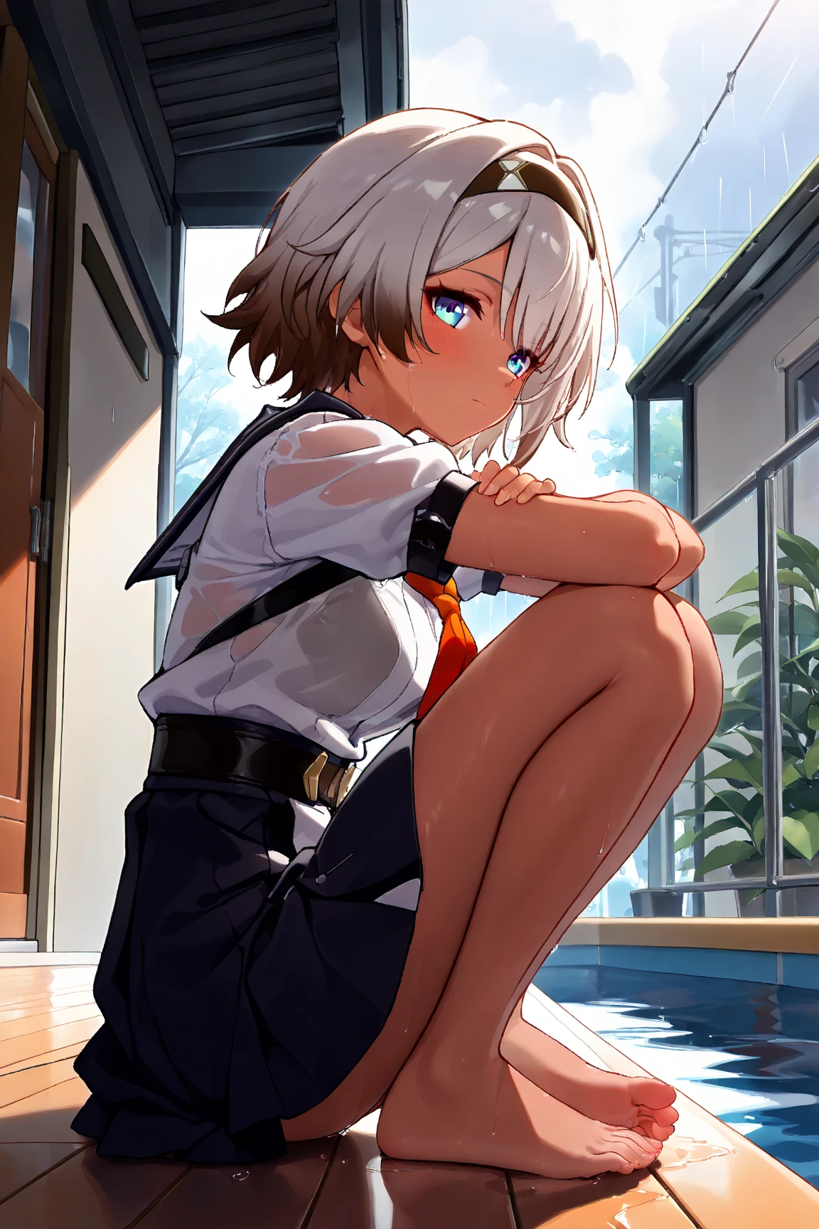 Two-dimensional cartoon boy Shota Shota, one-piece overall: 1.5, full body photo, nightcap, cute gestures, leg rings, white stockings, white hair, slightly red face, sitting by the window, looking out the window,