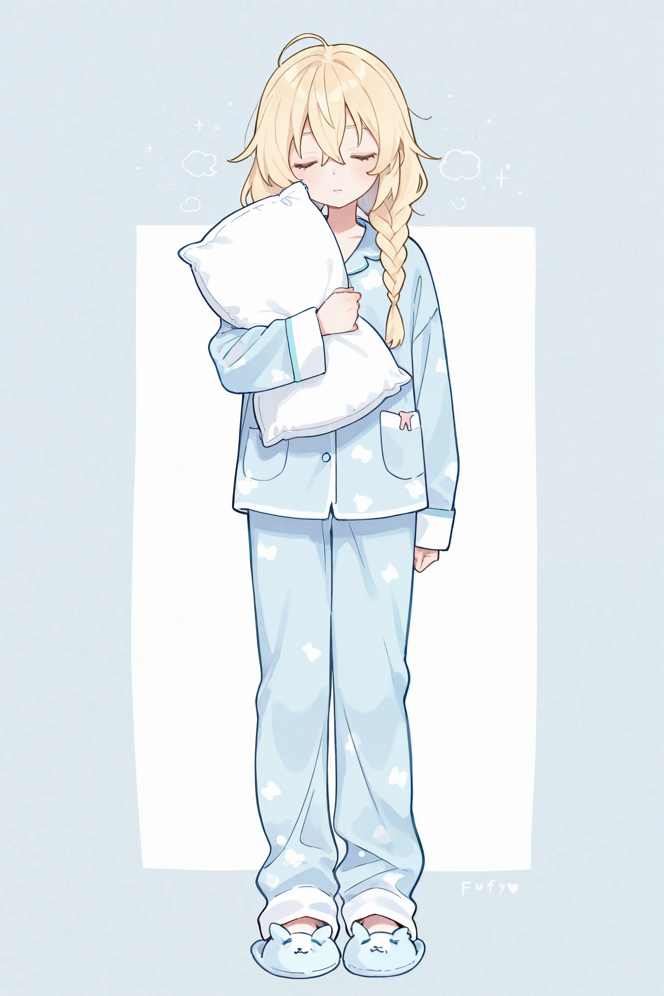 1 girl、 full body standing picture 、 holding my long bangs with pins。Blonde braids、 fluffy light blue long sleeve pajamas and pants、Barefoot in light blue slippers、 my eyes are closed 。I'm holding a pillow in one hand。