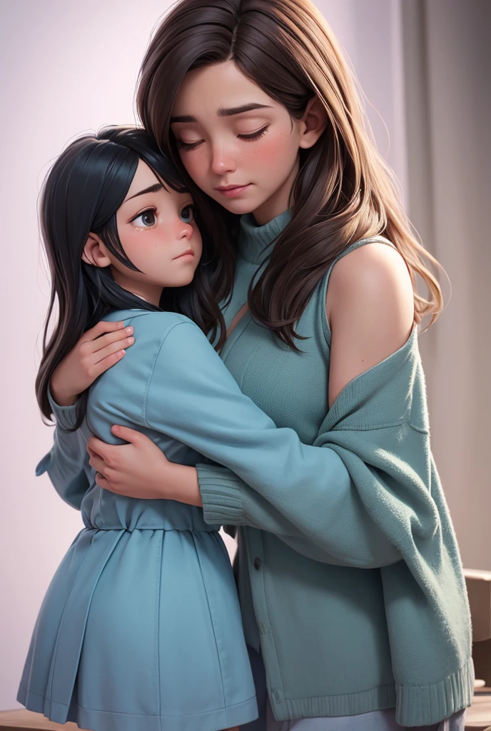 two figures, or just one ,  in a moment of comfort and empathy .  If they are two figures ,  one of them may have tears in her eyes ,  while the other offers a friendly shoulder or a hug .  If it's just a picture ,  she may be in a moment of introspection ,  seeking comfort in herself or in a symbolic object,  like a book or a journal .