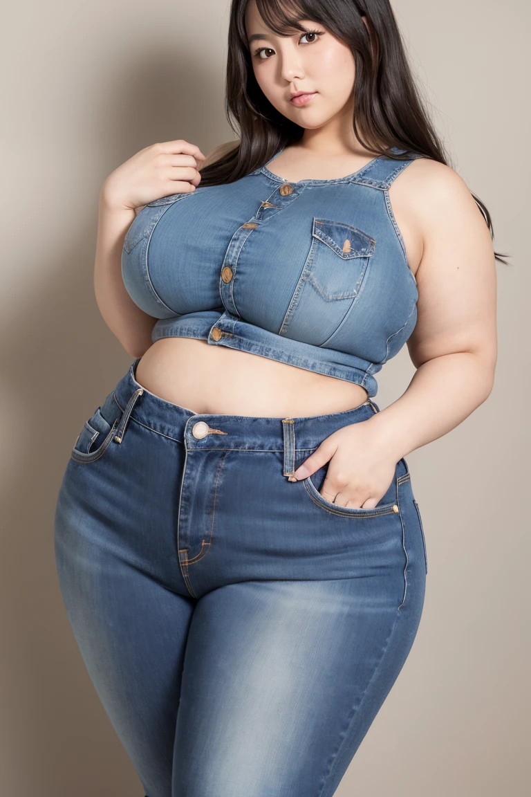 Incomparable masterpiece, perfect artwork, (voluptuous 18 year old girl), small waist, large breasts, large thighs, (tank top:1.2), brown hair, shoulder length:1.3, (tattoo:1.1), (realism:1.4), best quality, super high resolution, 1girl, (large natural breasts), (small waist:1.1), (large thighs:1.1), (blue denim jeans:1.2), (short inseam:1.1), masterpiece, best quality, exquisitely detailed.