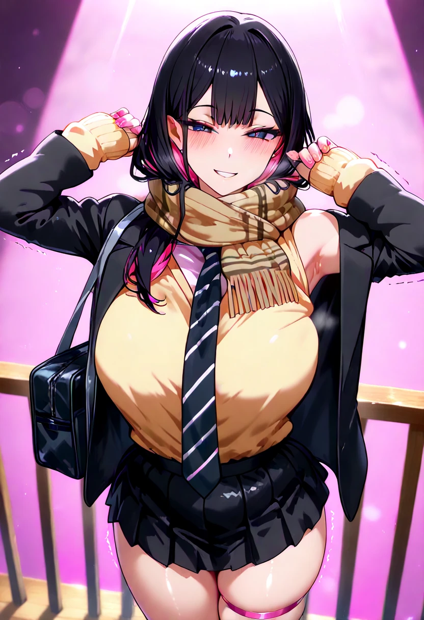 1girl,  rabbit hole \\(vocaloid\\),   armpit, Hikari Kuroda, solo, skirt, long sleeves, standing, jacket, school uniform, pleated skirt, open clothes, necktie, black skirt, miniskirt, bag, scarf, open jacket, black jacket, sweater, sleeves past wrists, cardigan, blazer, railing, seductive smile, tsurime eyes, striped necktie, fringe trim, yellow sweater, brown scarf, naughty face, pink background, (skindentation:1.2), curvy, spotlight, light particles,trembling with sexual climax