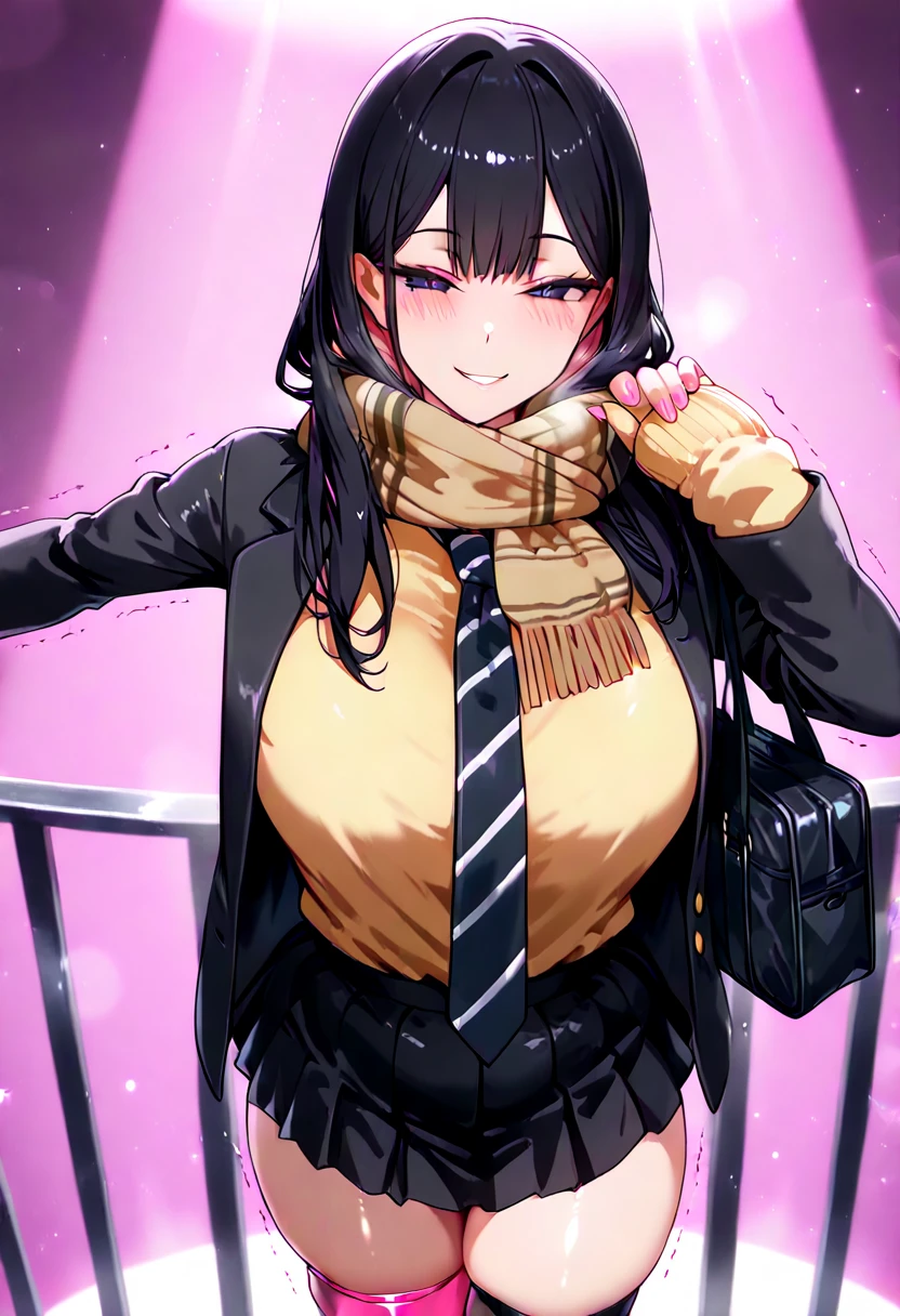 1girl, rabbit hole \\(vocaloid\\), armpit, Hikari Kuroda, solo, skirt, long sleeves, standing, jacket, school uniform, pleated skirt, open clothes, necktie, black skirt, miniskirt, bag, scarf, open jacket, black jacket, sweater, sleeves past wrists, cardigan, blazer, railing, seductive smile, tsurime eyes, striped necktie, fringe trim, yellow sweater, brown scarf, naughty face, pink background, (skindentation:1.2), curvy, spotlight, light particles,trembling with sexual climax