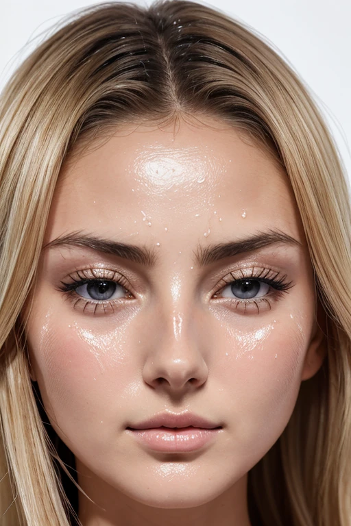 italian girl, 22 years old, ((light blonde hair)), long wavy hair, ((big light blue eyes)), naked, portrait of face and breast, black eye mascara, ((supermodel face)), (transparent white cum dripping on face)