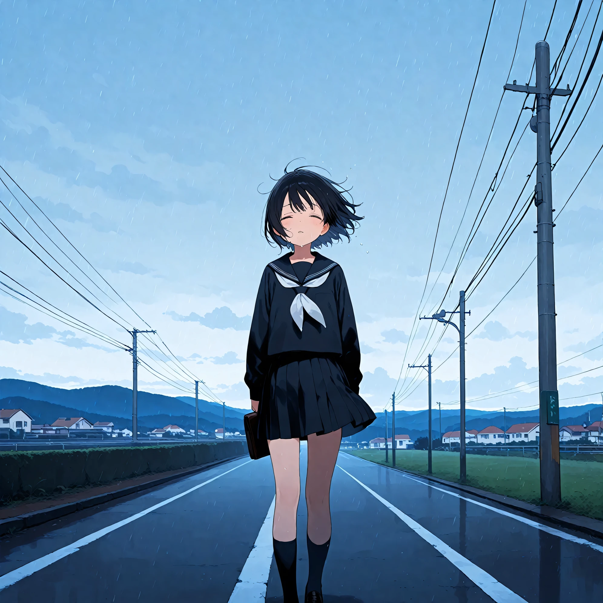 (masterpiece), (best quality), (ultra-detailed), artist:fujiyama, 1girl, exhausted, route of a school, wind,