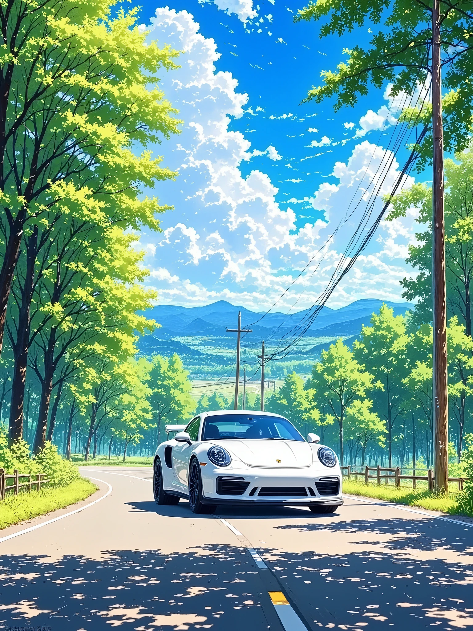 Ultra High resolution and high detailed of a white sports car, a Porsche, is parked on a road amidst lush green trees. The car is positioned slightly to the center of the image, facing the viewer.  The road stretches out into the background, with rolling green hills and mountains in the distance.  The sky is a vibrant blue with scattered white, fluffy clouds. The trees are depicted with detailed, vibrant green leaves.  The style is anime-inspired, with a bright, cheerful color palette and detailed rendering. The light is bright and sunny, casting soft shadows on the ground. The overall impression is of a peaceful and picturesque summer day in a lush natural setting. The composition is balanced, with the car as the focal point, framed by the surrounding trees and landscape. The perspective is from a slightly elevated vantage point, looking down on the road and car. The image style is painterly, with a strong emphasis on color and light.