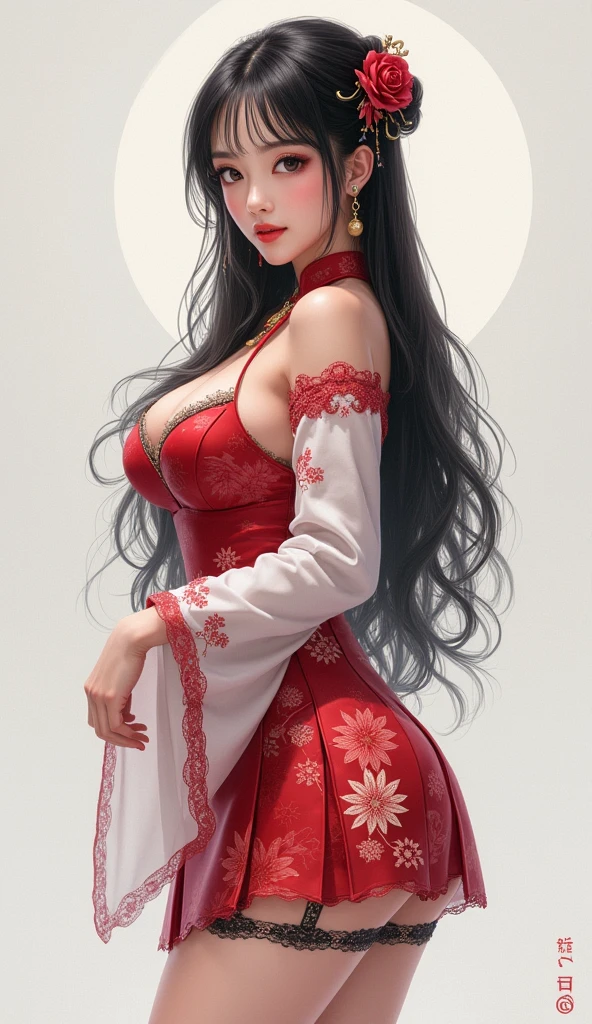 She is a Japanese woman wearing a red kimono, showing her large breasts, with a rather plump figure, showing her nipples. She has long, straight bangs and white stains on her body.