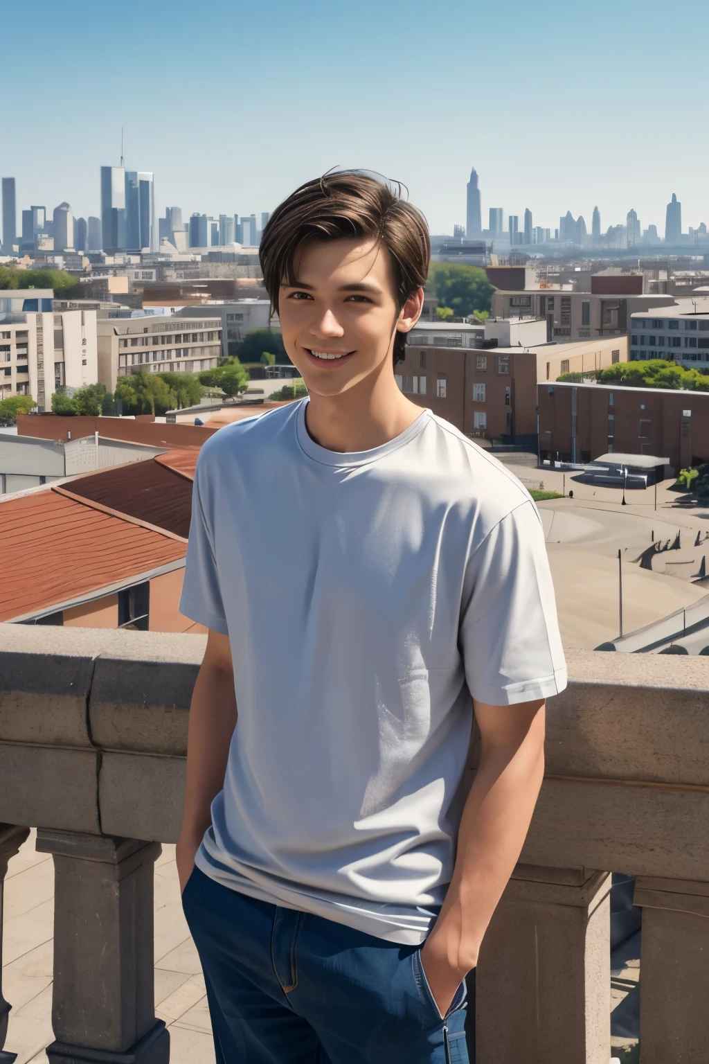 Age 25々 cool guy、 what it feels like to be a model 、 chic casual clothes 、delicate face、 foreign、I have brown hair 、 brown eyes、Sunny daytime、 cool standing figure 、The landscape in the background is a cityscape 、 live action shooting style、High quality 8K、 has a bright smile、 like the model 、 One Man、