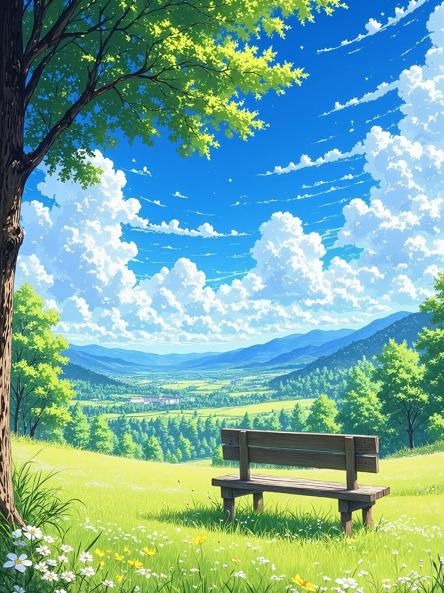 Ultra High resolution and high detailed of a picturesque landscape, likely digital art or animation style.  A wide, grassy valley stretches into the distance, framed by rolling hills covered in lush, vibrant green trees.  The sky is a vibrant blue, dotted with fluffy white clouds.  A weathered, wooden bench sits in the foreground, positioned on a patch of green grass, resting near a cluster of trees.  The sunlight casts soft shadows on the bench and the surrounding landscape.  Colors are bright and natural, evoking a peaceful and serene atmosphere. The perspective is a high vantage point, looking out over the valley.  The overall style is whimsical and engaging.  The image's composition is balanced, with the bench serving as a focal point within the vast landscape.  Detailed shading and texture are visible in the trees, grass, and bench.