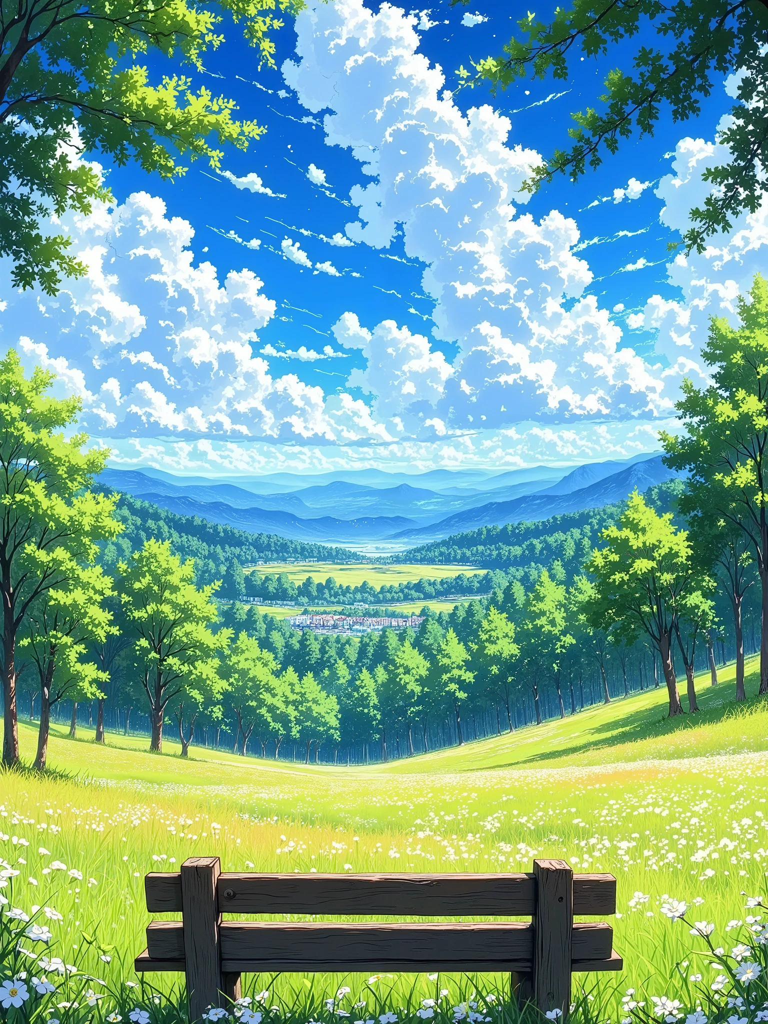 Ultra High resolution and high detailed of a picturesque landscape, likely digital art or animation style.  A wide, grassy valley stretches into the distance, framed by rolling hills covered in lush, vibrant green trees.  The sky is a vibrant blue, dotted with fluffy white clouds.  A weathered, wooden bench sits in the foreground, positioned on a patch of green grass, resting near a cluster of trees.  The sunlight casts soft shadows on the bench and the surrounding landscape.  Colors are bright and natural, evoking a peaceful and serene atmosphere. The perspective is a high vantage point, looking out over the valley.  The overall style is whimsical and engaging.  The image's composition is balanced, with the bench serving as a focal point within the vast landscape.  Detailed shading and texture are visible in the trees, grass, and bench.