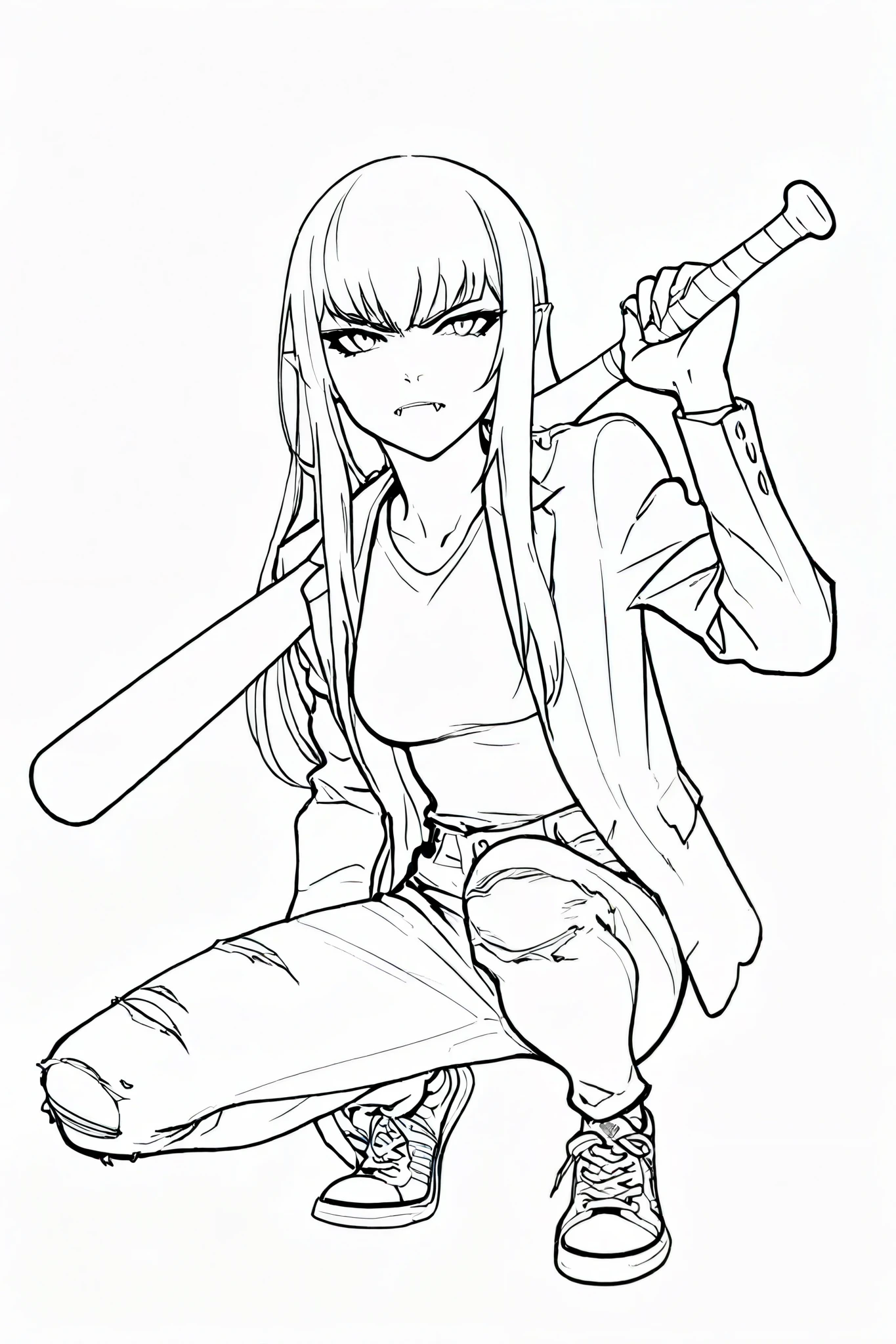 score_9, score_8_up, score_7_up, score_6_up, score_5_up, score_4_up,
BREAK
(masterpiece: 1.0), best quality, perfect anatomy, perfect composition, perfection, 4k resolution, absurdres, very aesthetic, professional artwork, absolutely beautiful, lineart, line art, greyscale, monochrome
BREAK
line art, four fingers and a thumb, timbrook, 1girl, vampire fangs monochrome, greyscale, solo, long hair, torn clothes, baseball bat, jacket, shoes, pants, holding, sneakers, breasts, torn pants, looking at viewer, simple background, shirt, hand up, squatting,