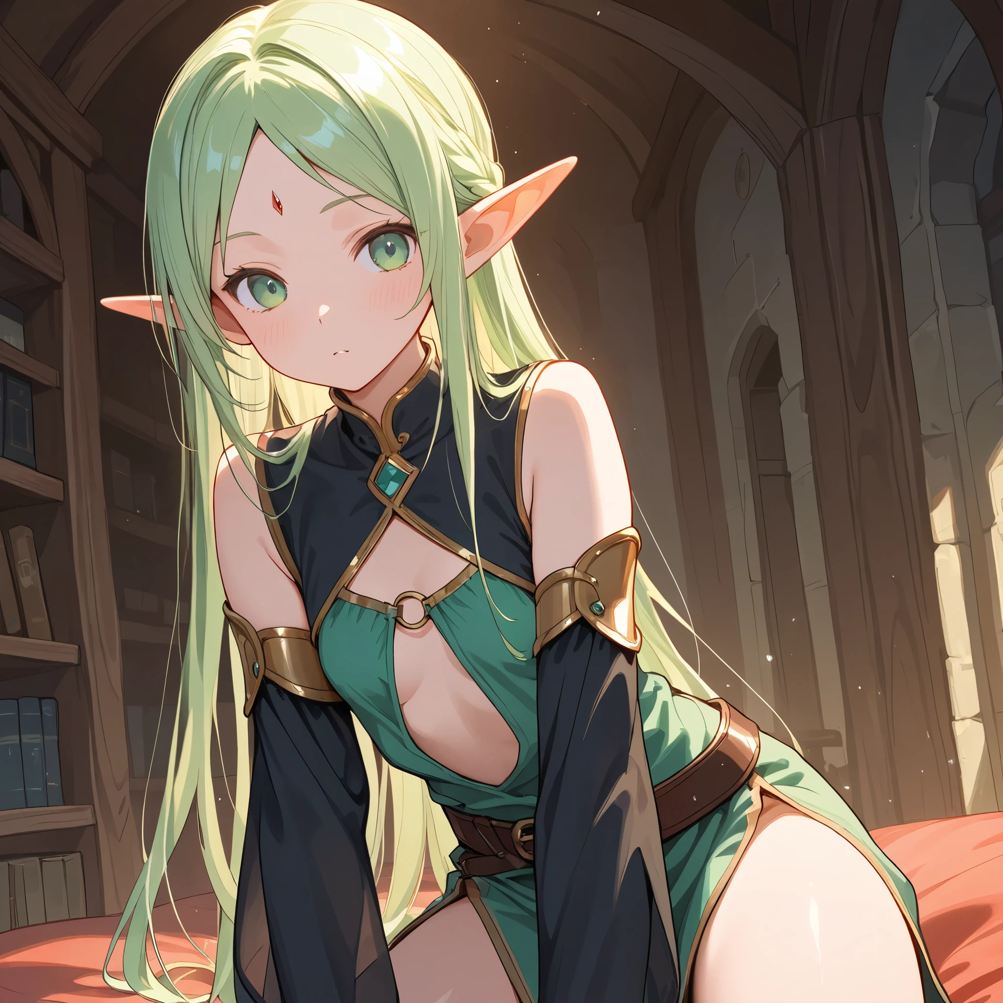 Female, standing, straight, 1girl, elf, green wavy hair, from above, medium breasts, suspended by arms, head down, POV, from the side,