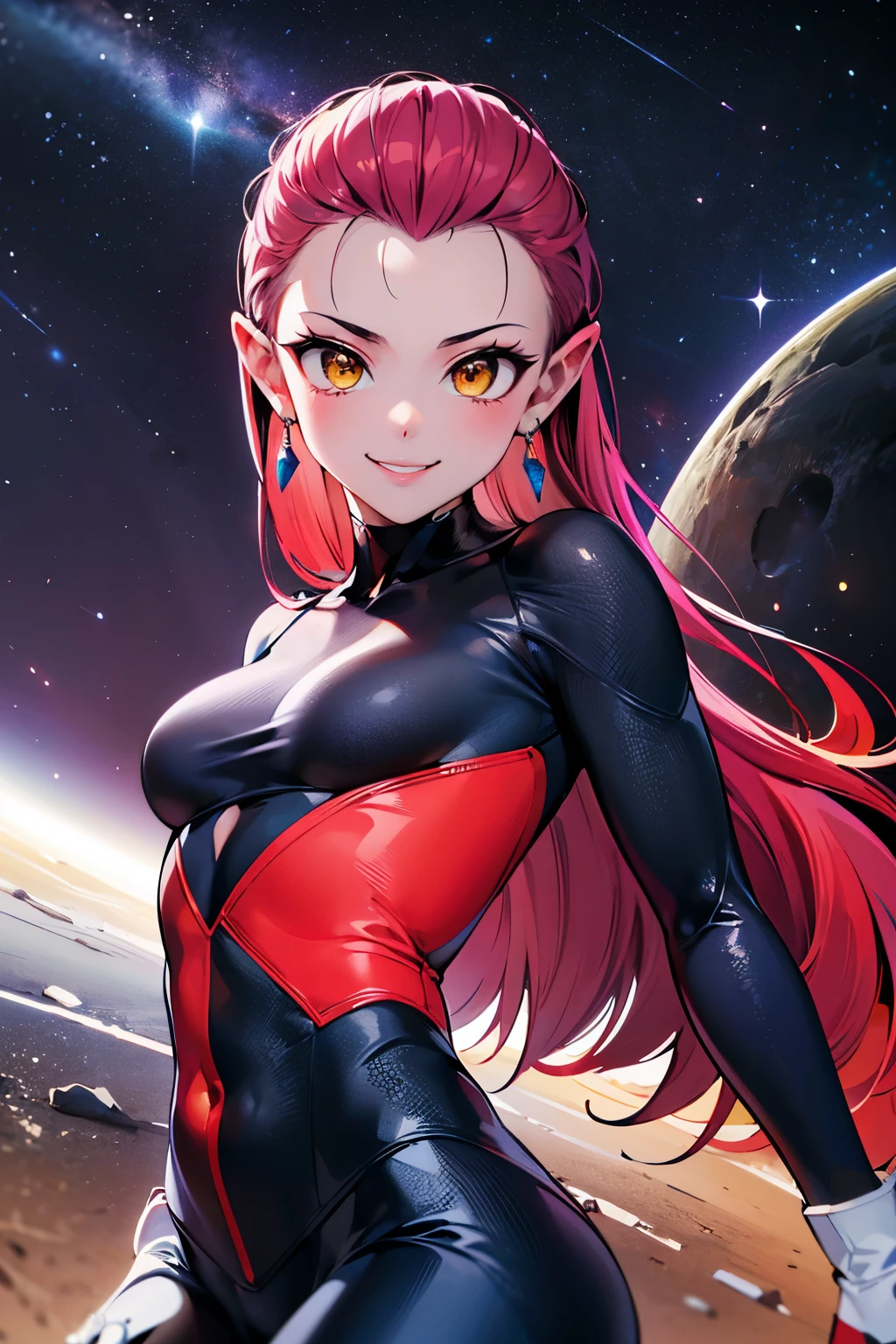 (purple moon:1),
((masterpiece, best quality)), anime style, <lora:more_details:0.5>, <lora:Sabrina_Pokemon_Anime:0.8>, Sabrina_Pokemon, purple hair, very long hair, red eyes, red skirt, black bodysuit, white gloves, solo, smiling, looking at viewer, hip to the side, hand on hip, contrapposto, cowboy shot, big breasts,
