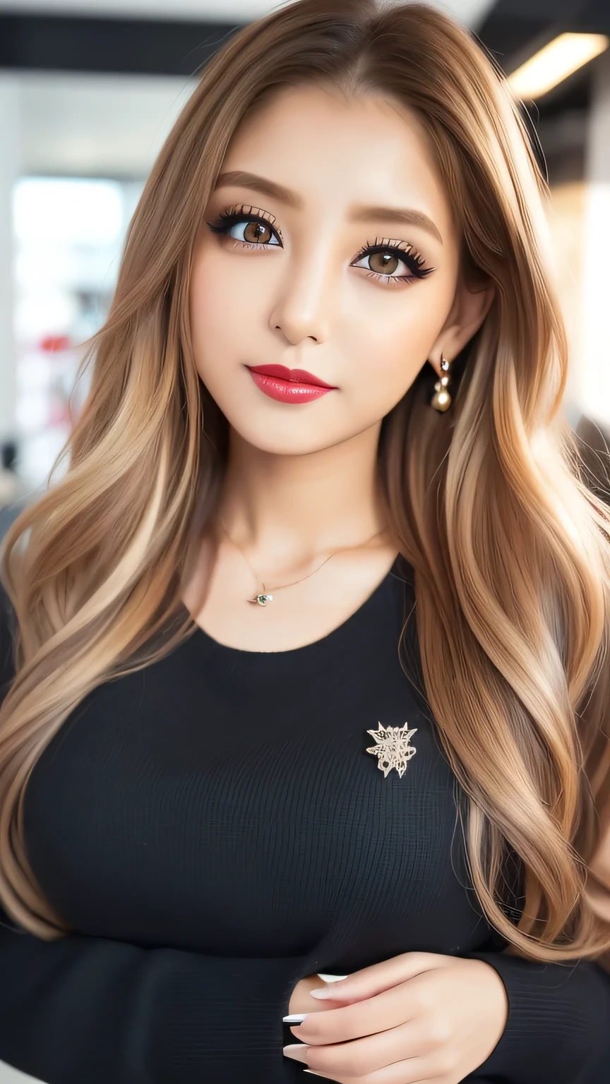 (超 Hi-Res, Masterpiece, anatomically correct, textured skin, super detailed, highest quality, Hi-Res, 8k, bloom, front light :1.2, perfect dynamic composition), (24 years old, 1 person, Cute and sexy tutor, G-cup big breasts, sexy face, gal makeup, 、 Half open sexy lips 、 beautiful woman、( Black sweater , Sexy cleavage:1.1)、Perfect big breasts、( blonde alone :1.1)、 beautiful skin that shines with bright, Shiny Lipstick 、 sexy lips in duck mouth、 half open duck mouth lips、 a lot of people stand out with clear images 、 bright color contacts 、Perfect gal makeup、 Perfect for an adorable companion 、( Dark makeup for women :1.2)、( dark brown beige around the eyes :1.1)、 Beautiful Bright Eye Shadow 、 dark sexy makeup around the eyes 、(Big Breasts:1.2)、 super long wavy hair 、(Romantic affection:1.1)、 amazing adult sex appeal The best smile he has when he sees me 、( there are many people that accentuate body lines ..:1.1)、( strongly blurry 、 a 。:1.1)、( The image is clear 、 jacket :1.1)、 accurate anatomy、 ultra HD hair、( Super Hi-Res Perfect Beautiful Teeth:1.1)、Ultra HD beautiful face 、 ultra HD hair、 crystal clear bang 、Ultra HD Shining Eyes、 Shining Super Hi-Res Beautiful Skin 、 Super Hi-Res Glossy Lips 、 Harry Winston necklace
