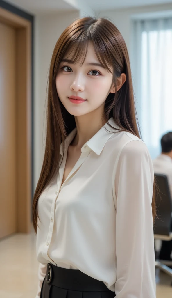 (8k, RAW Photos, Highest quality, masterpiece: 1.2), (Realistic: 1.6), (masterpiece), (Highest quality: 1.0), (Highest quality: 1.0), (Ultra-high resolution: 1.0), detailed, 40s, One, detailed beautiful skin, detailed room, ,Realistic skin, Middle chest, Highest quality, Ultra-high resolution, cute, Long Hair, smile, , White shirt, , ,